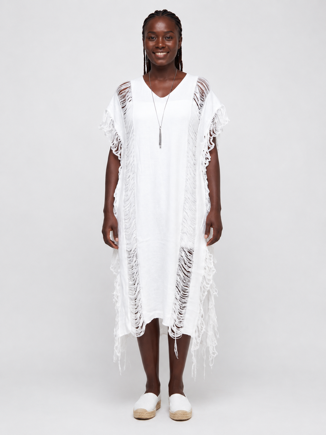 Fringe Detail Maxi Dress One Size-White