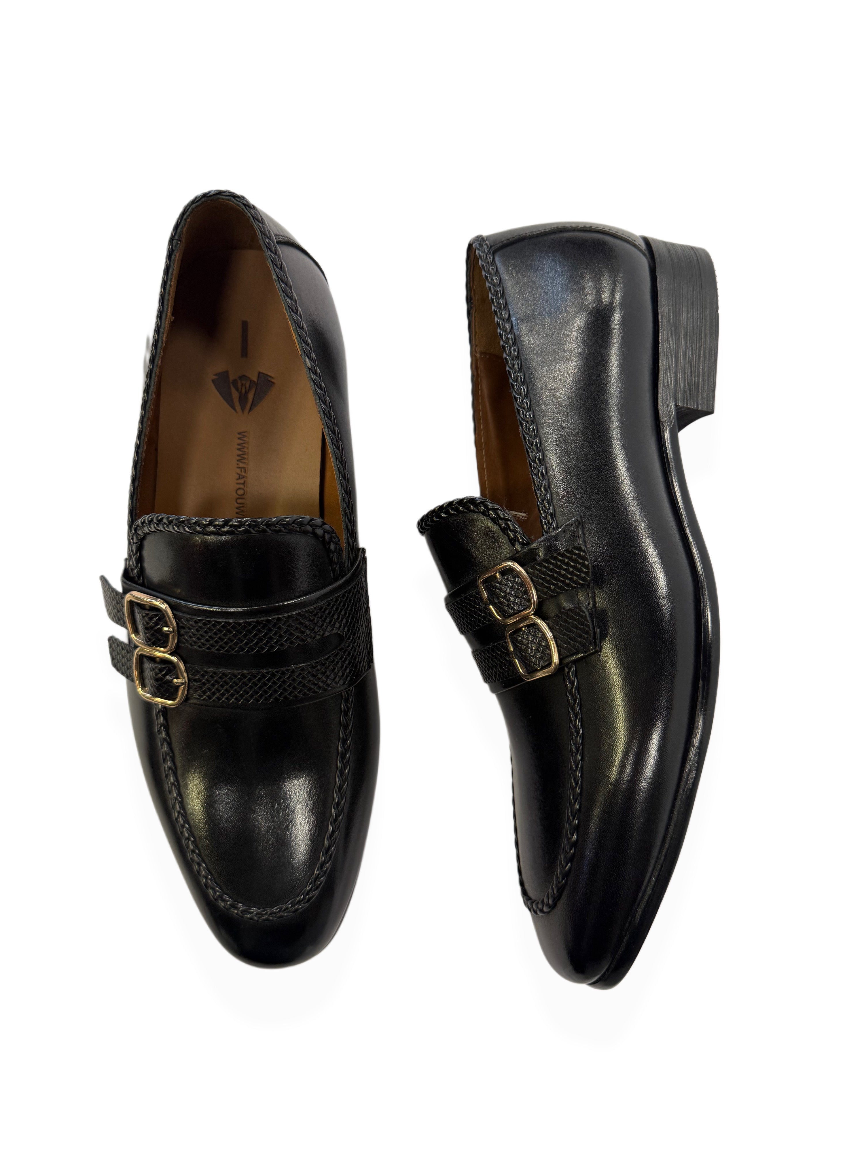 Double Monk Strap Leather Loafers - Black