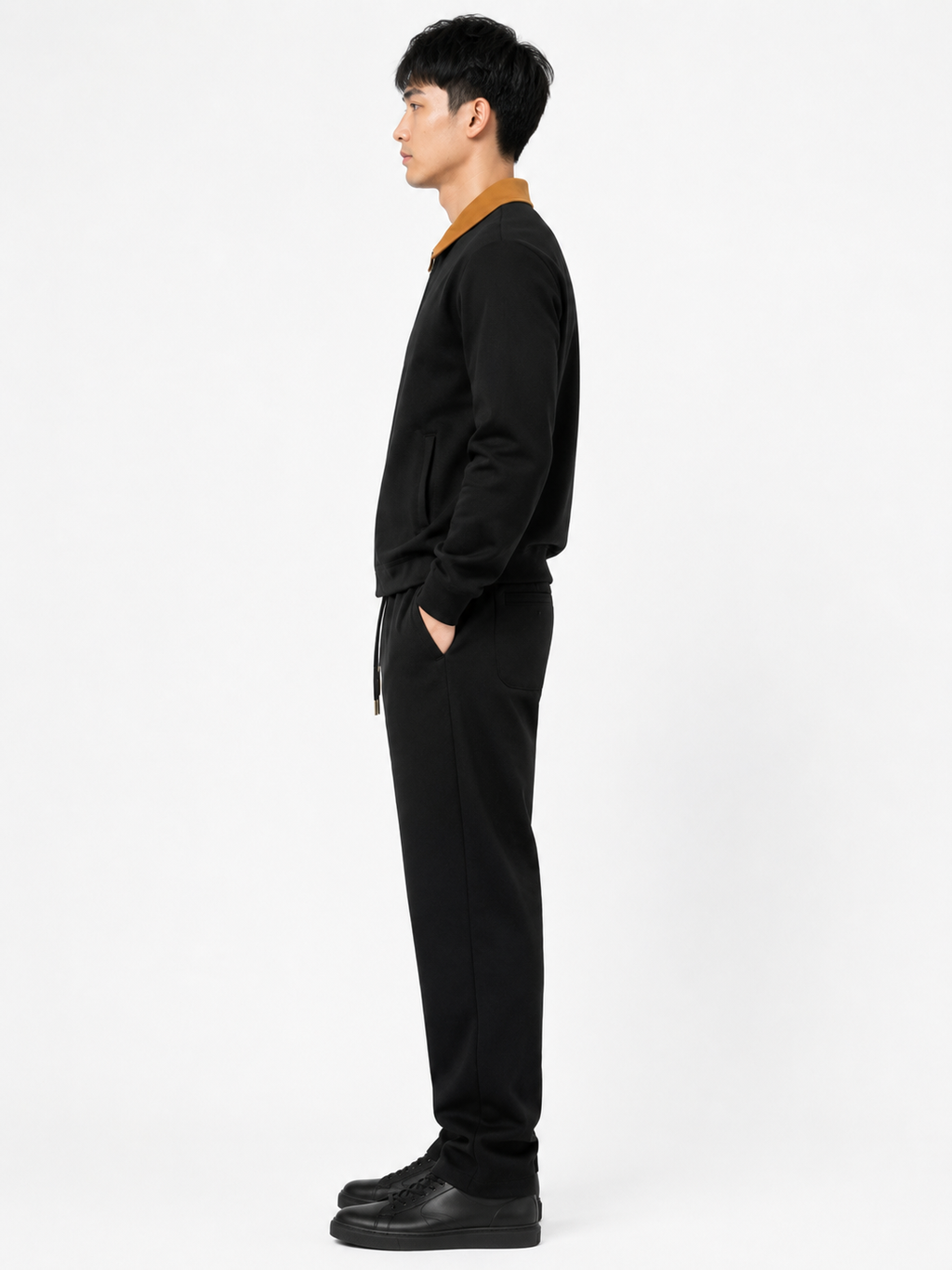 FW Cotton Tracksuit Set with Brown Collar - Black
