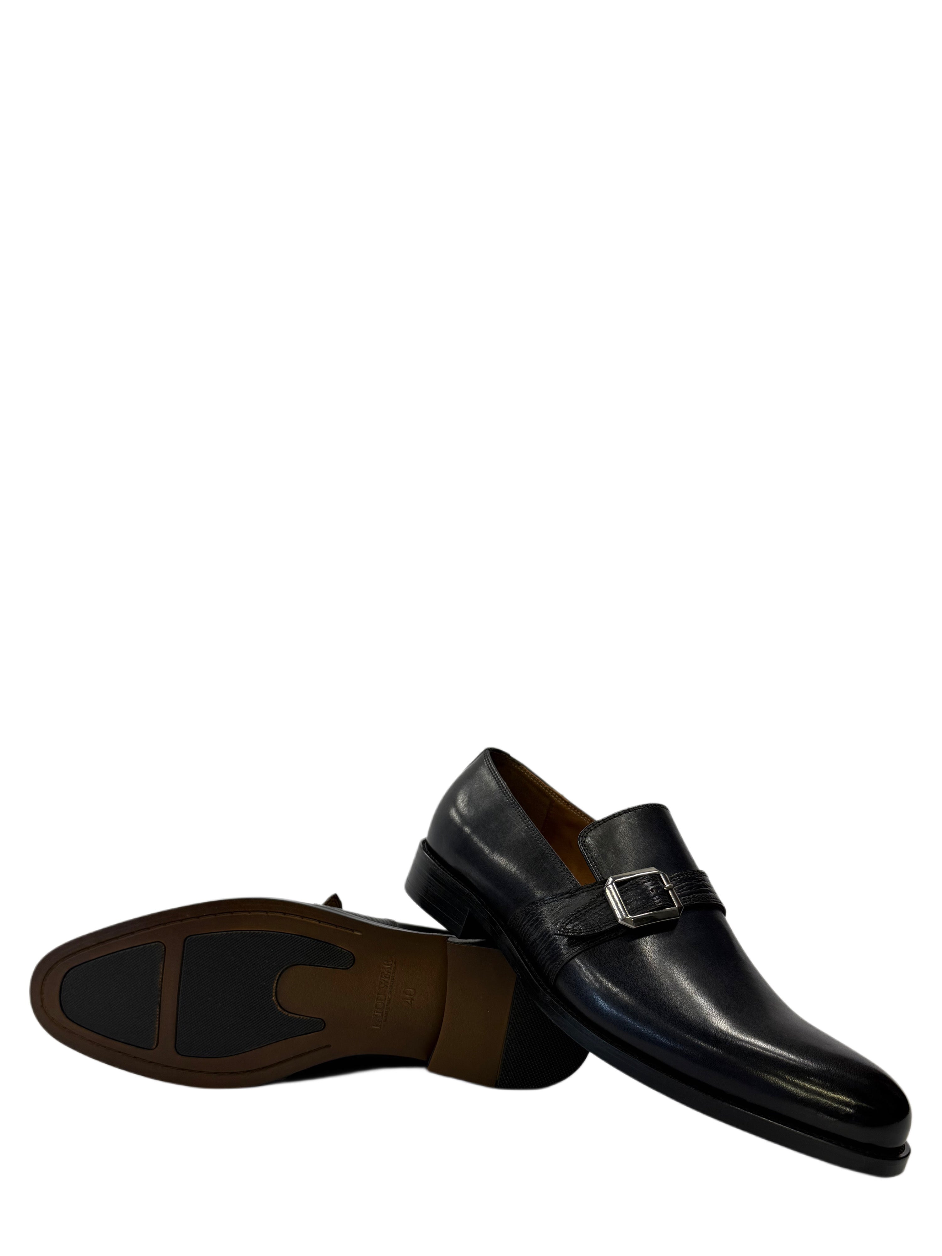 Single Monk Strap Leather Shoes - Navy-Blue