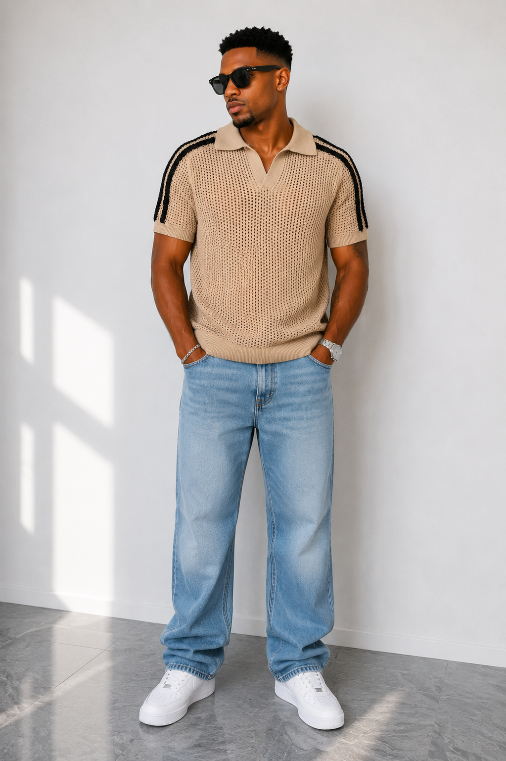 Men Open-Knit Stripe Polo Shirt – Beige