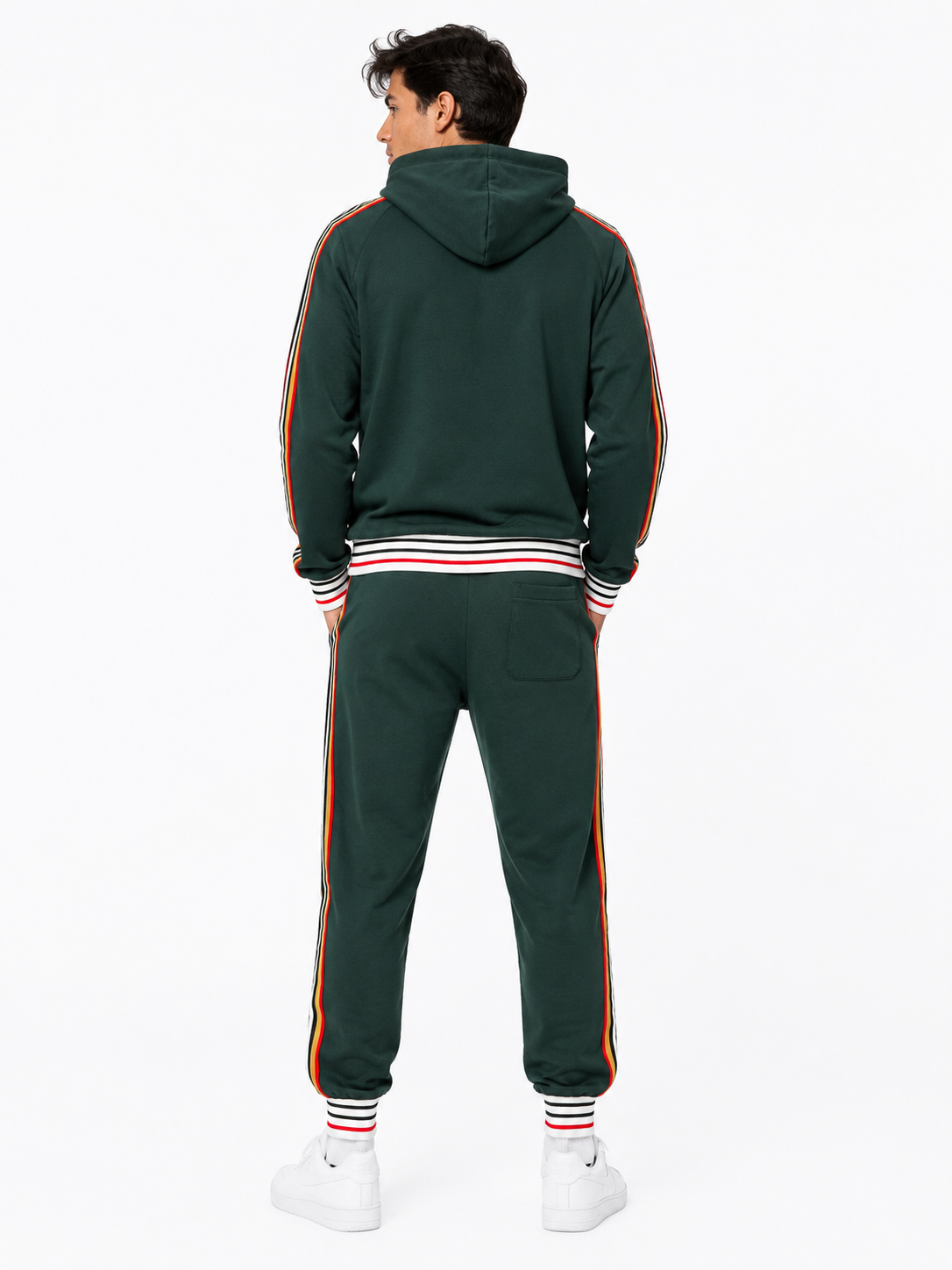 Hoodie Tracksuit Set with Tricolor Stripes - Dark Green