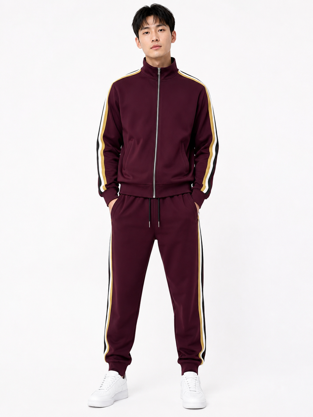 Tracksuit Set with Beige, Black and White Stripes - Maroon
