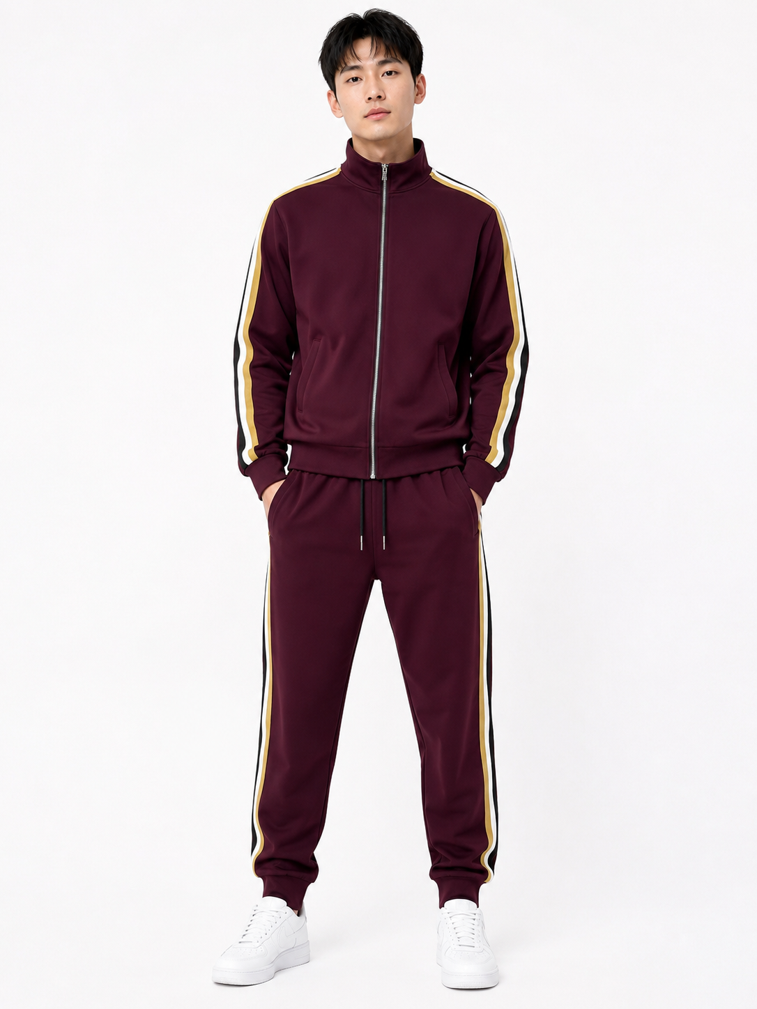 Tracksuit Set with Beige, Black and White Stripes - Maroon