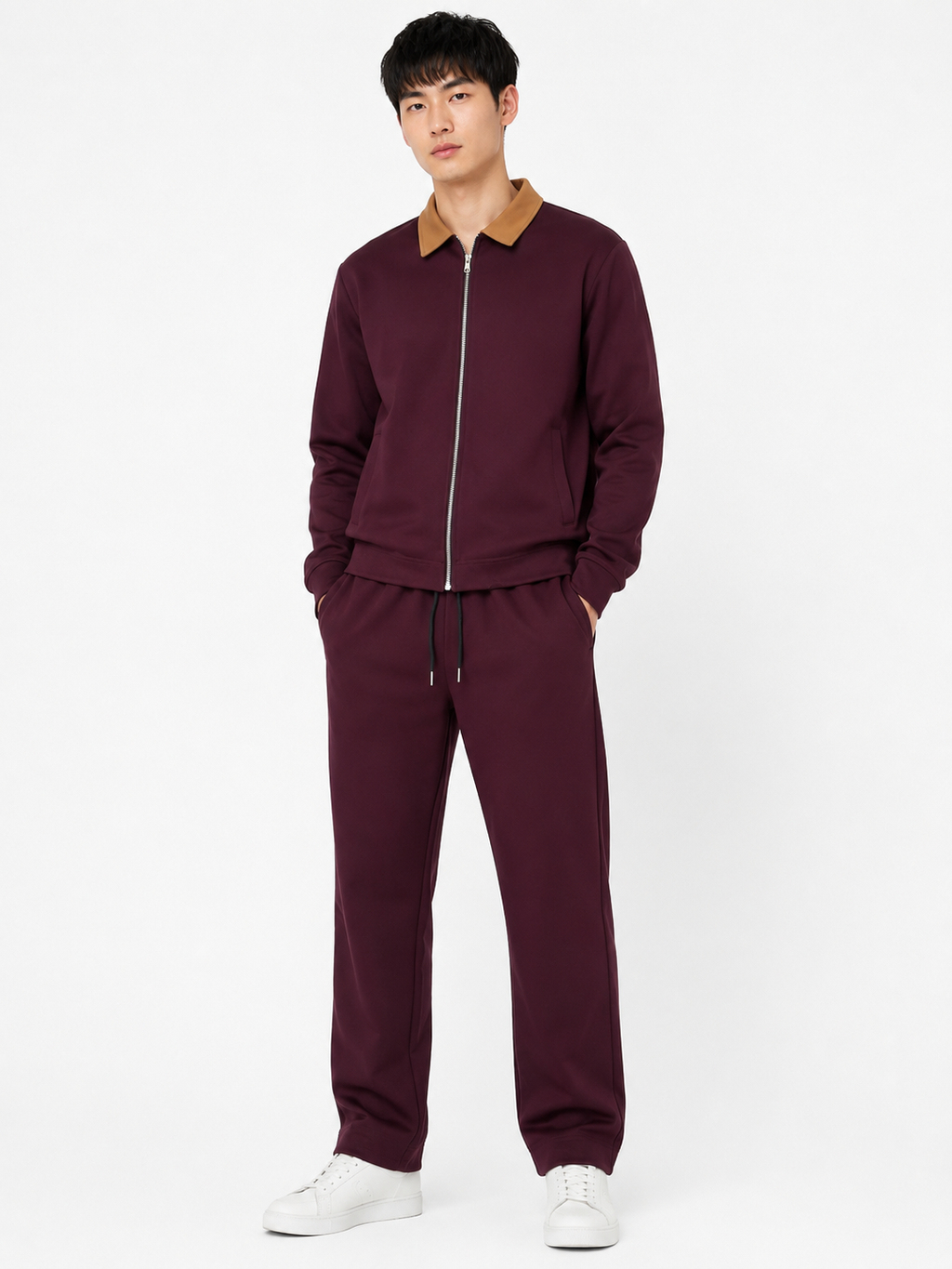 FW Cotton Tracksuit Set with Tan Collar - Maroon