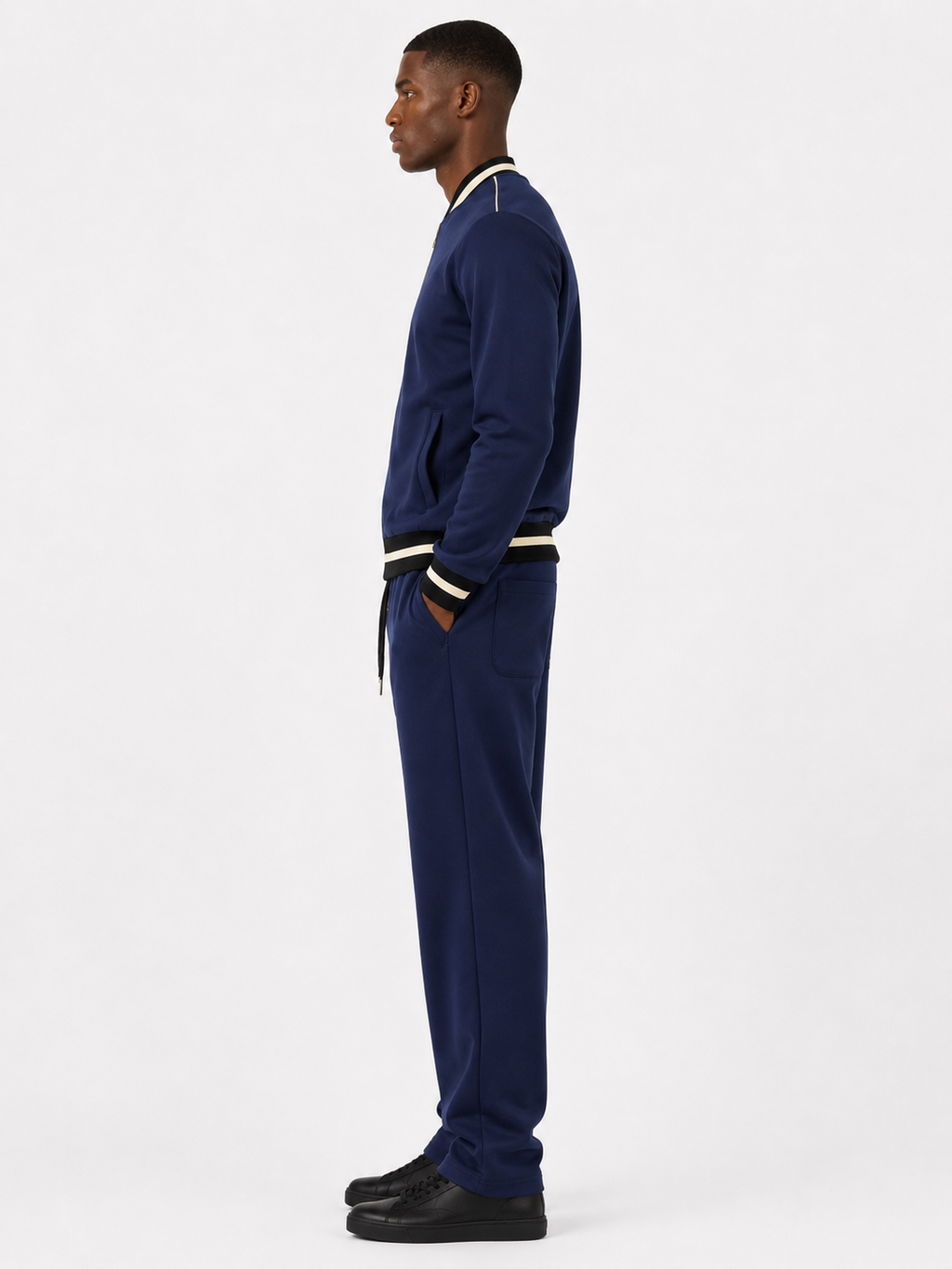 Classic Cotton Tracksuit Set with Black and White Collar - Navy