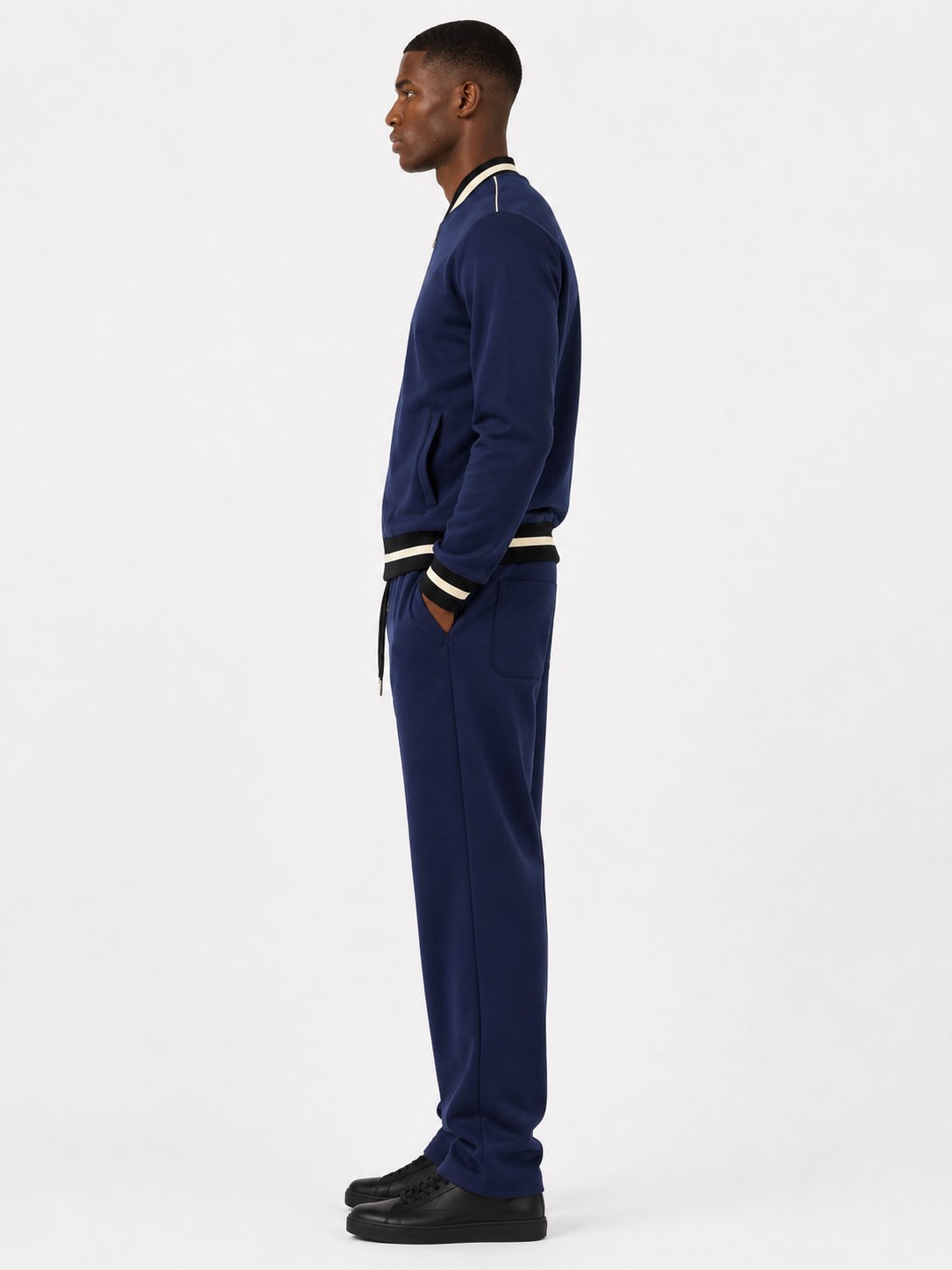 Classic Cotton Tracksuit Set with Black and White Collar - Navy
