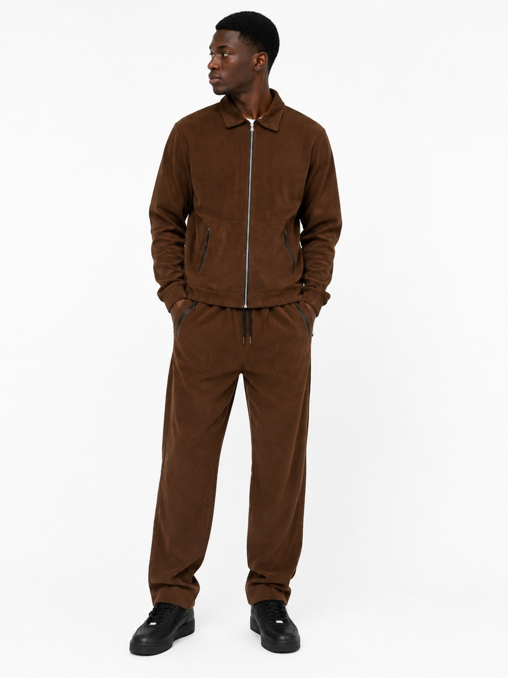 Zipper Corduroy Tracksuit Set - Brown