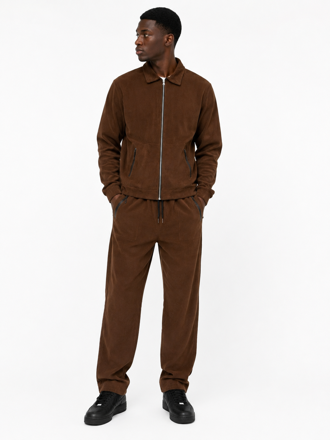 Zipper Corduroy Tracksuit Set - Brown