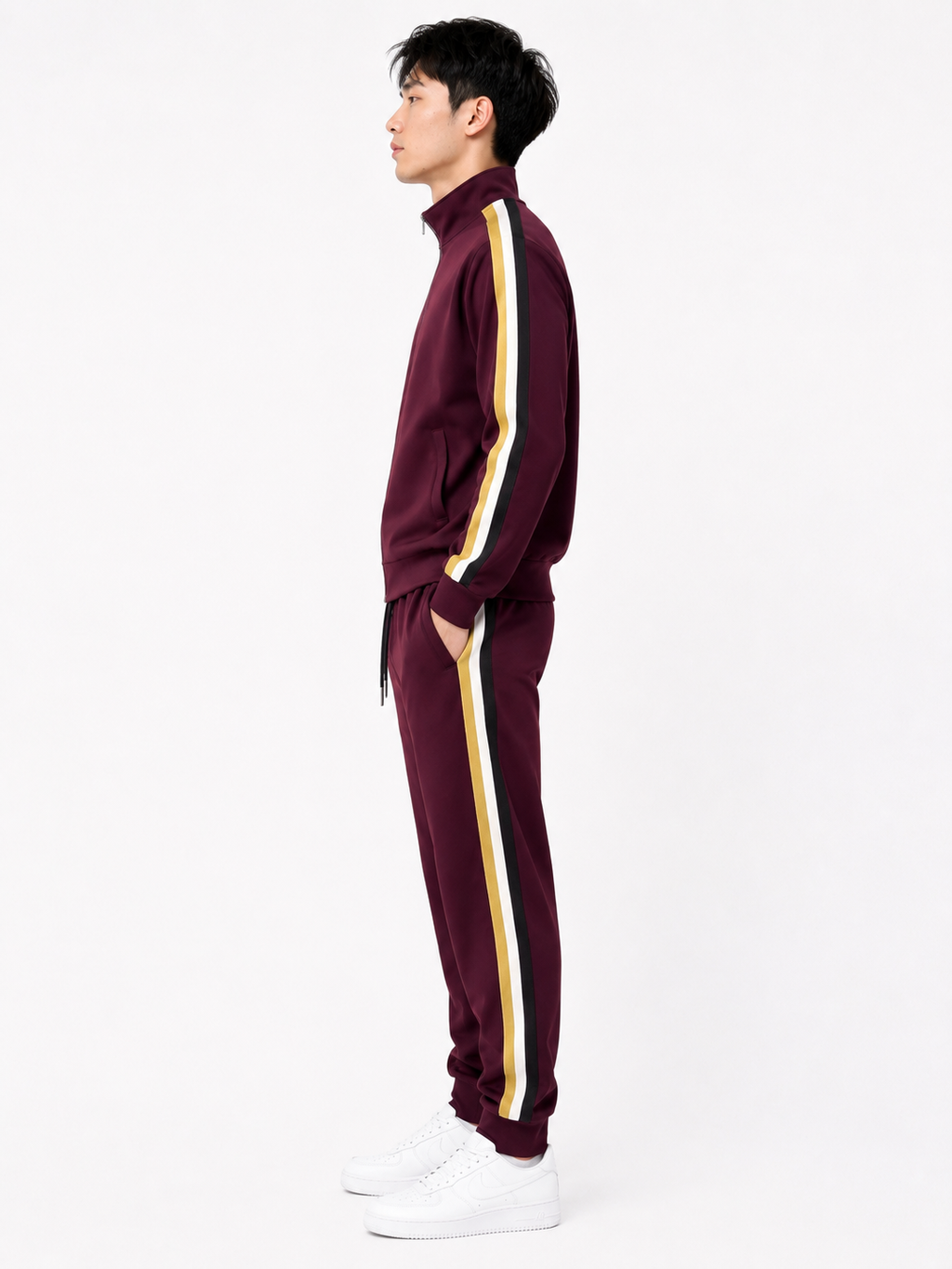 Tracksuit Set with Beige, Black and White Stripes - Maroon