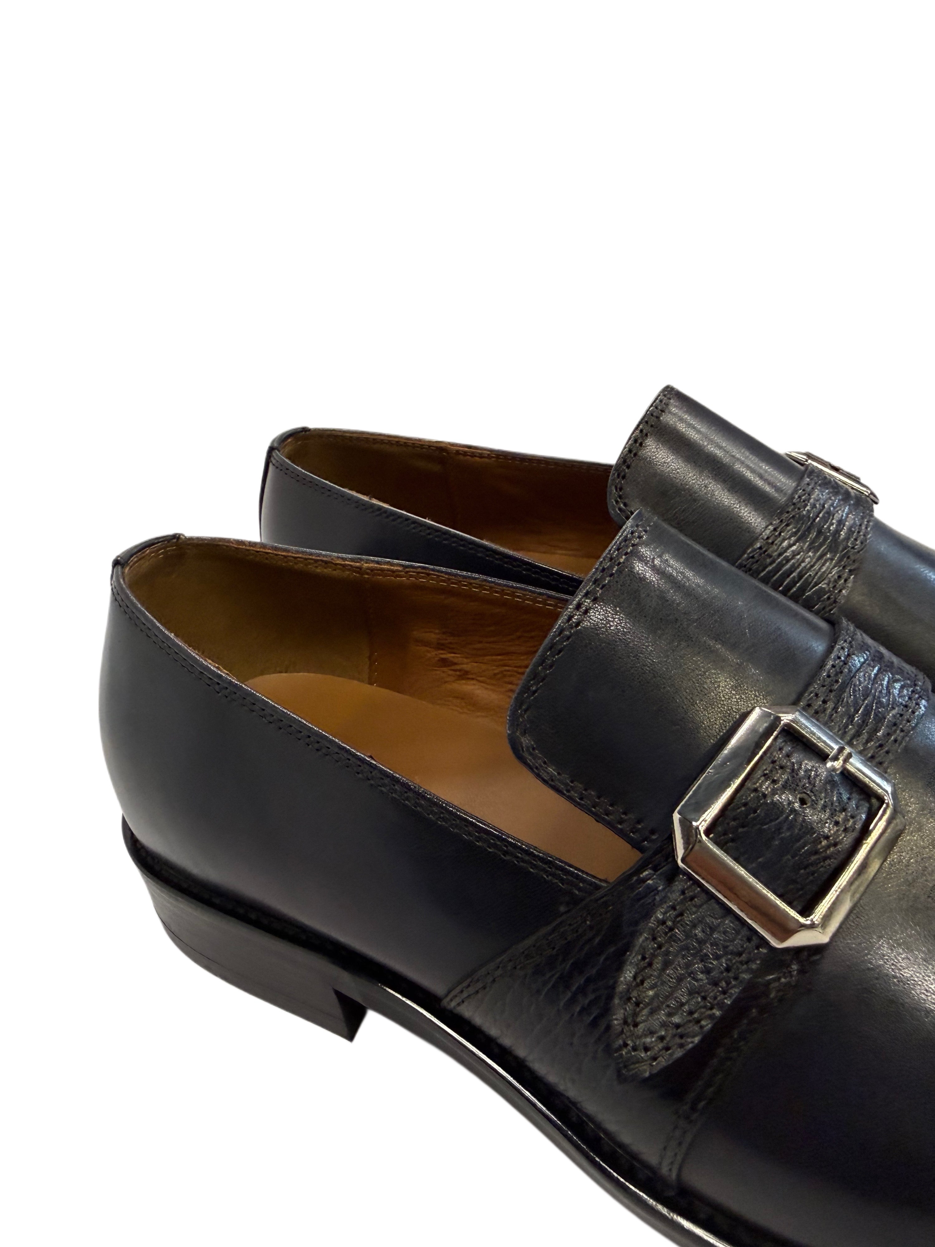 Single Monk Strap Leather Shoes - Navy-Blue