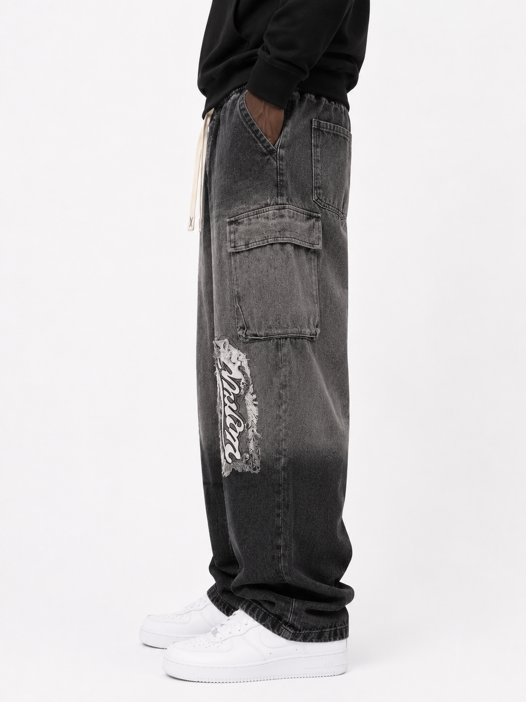 Faded Cargo Denim Jeans with Drawstring Waist - Black and Grey