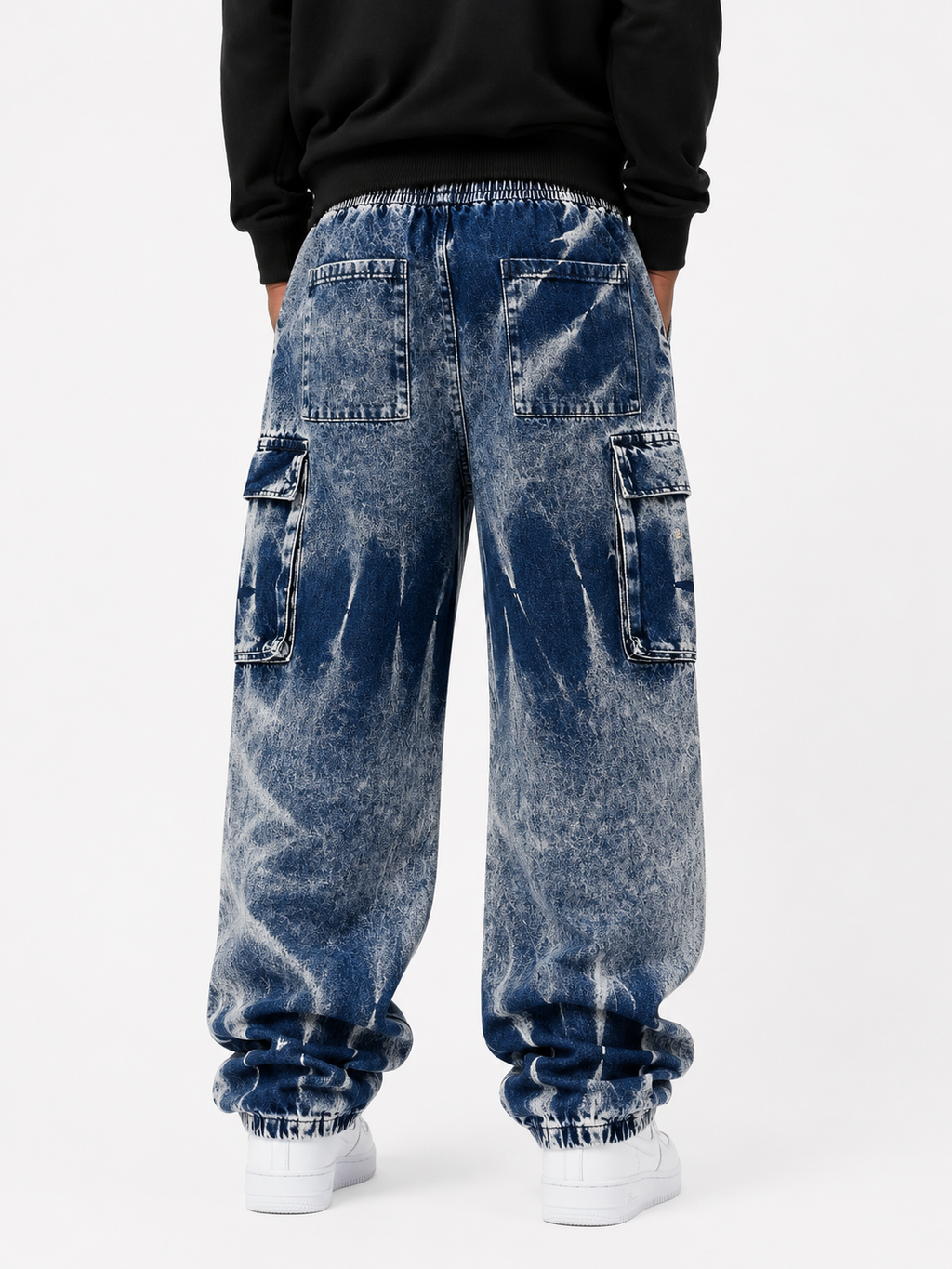 Faded Cargo Denim Jeans with Drawstring Waist - Blue