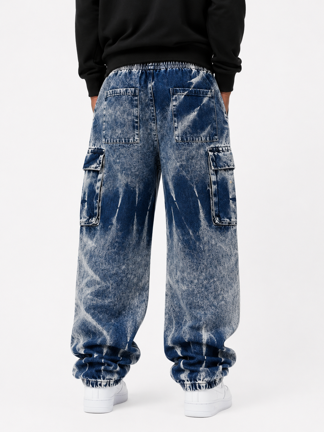 Faded Cargo Denim Jeans with Drawstring Waist - Blue