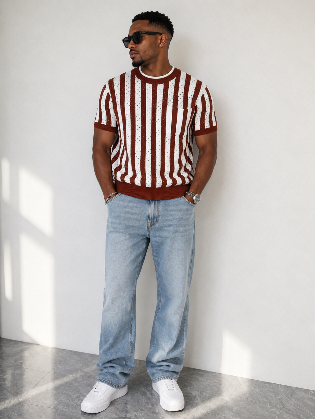 Men Open-Knit Stripe Crew Neck Tee – Rust Brown