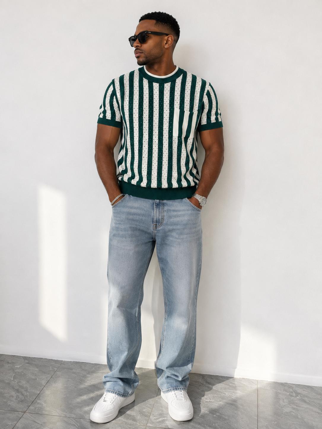 Men Open-Knit Stripe Crew Neck Tee – Forest Green