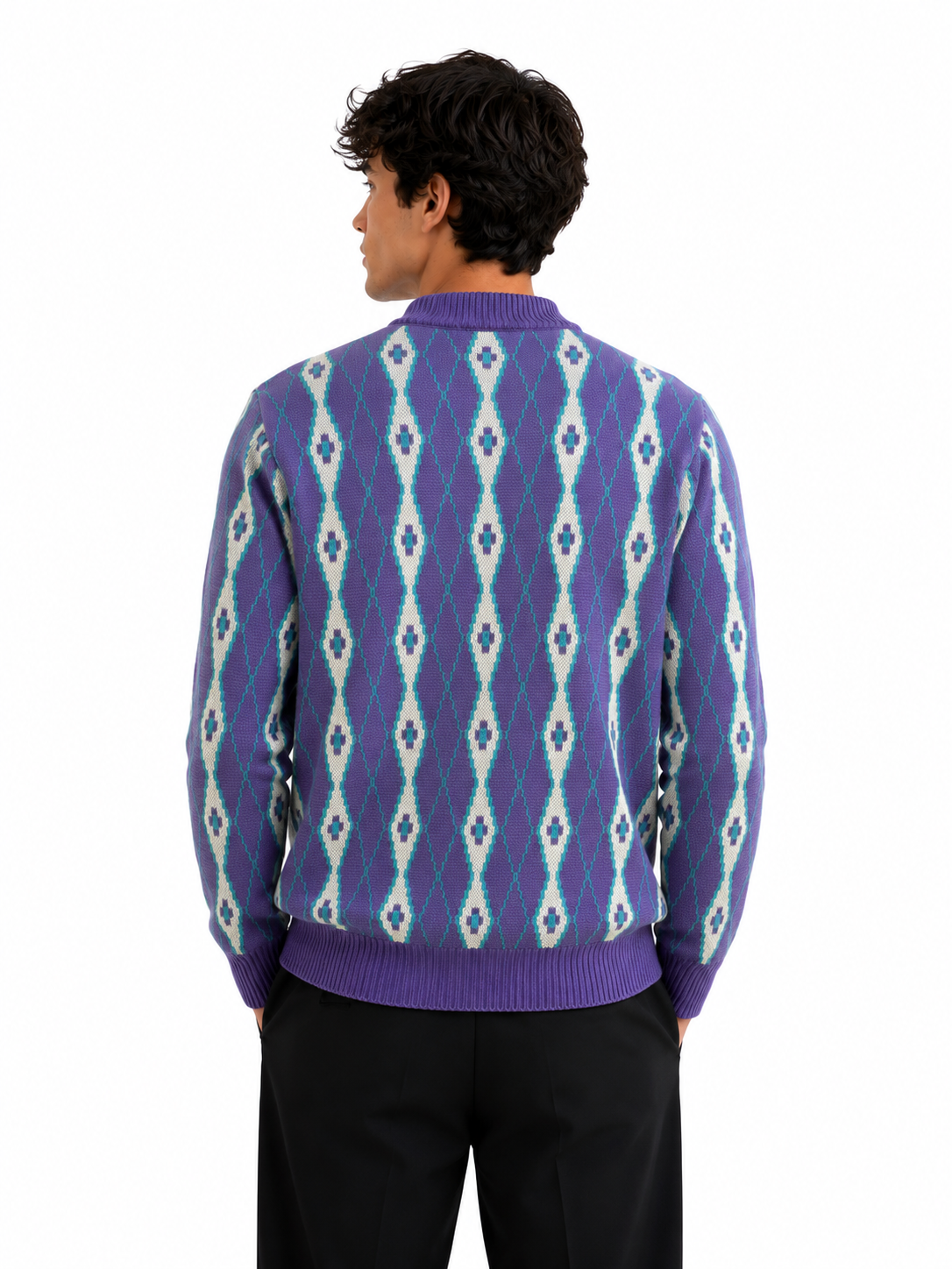 Oversized Argyle Knit Sweater in One Size Fits All -Purple