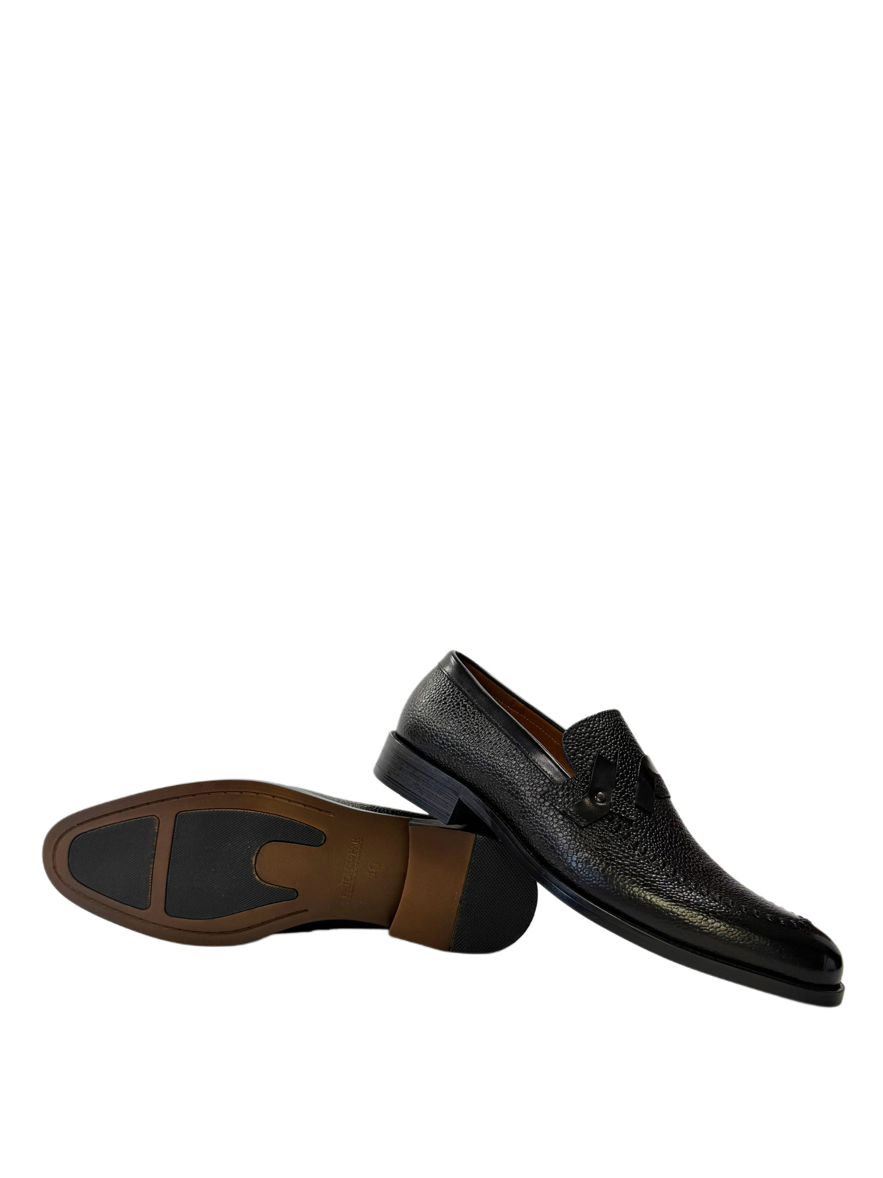 Genuine Leather Pebbled Strap Loafers - Black