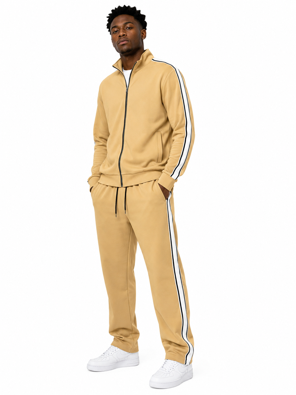 Tracksuit Set with White and Black Stripes II - Beige