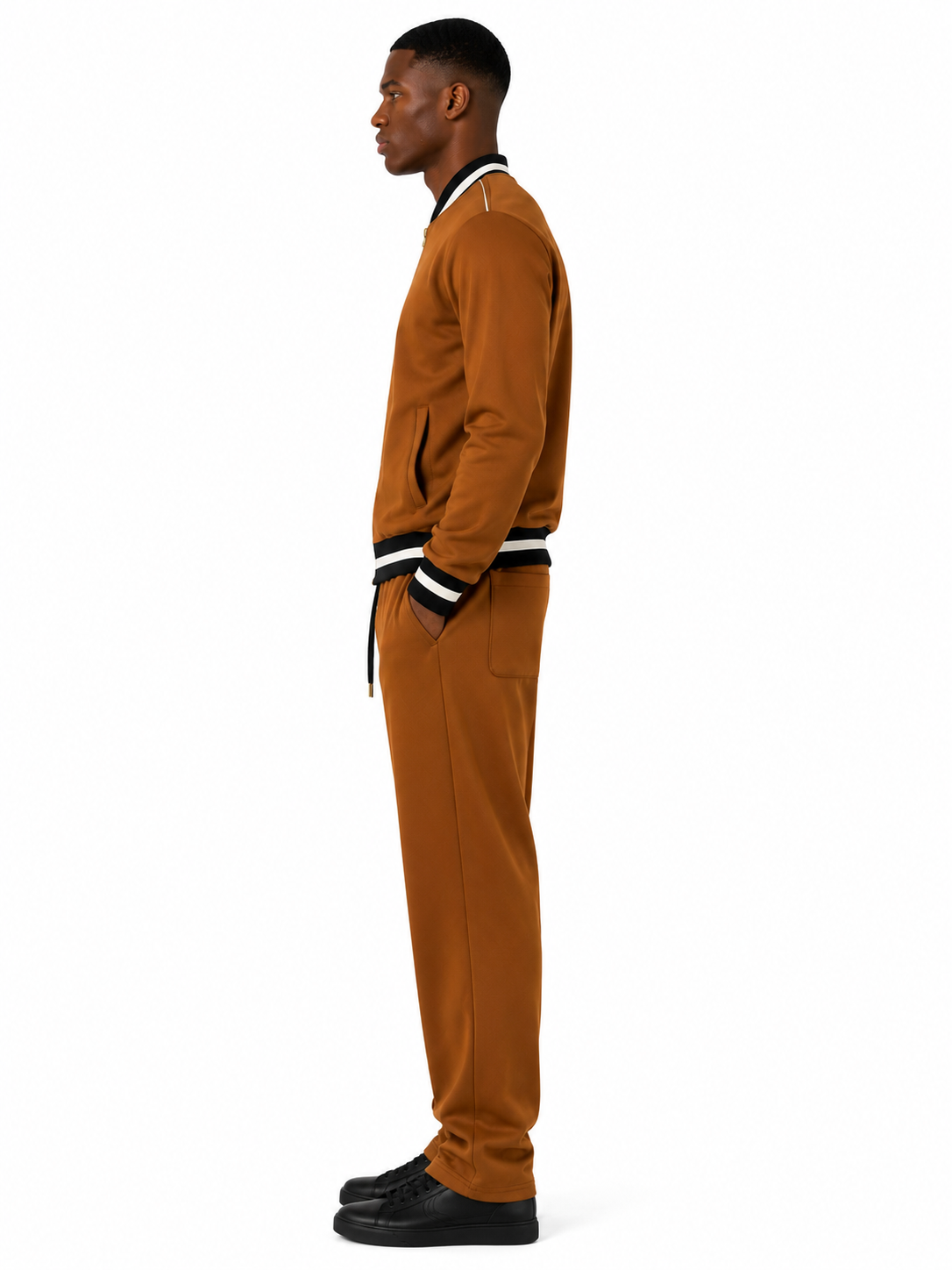 Classic Cotton Tracksuit Set with Black and White Collar - Brown