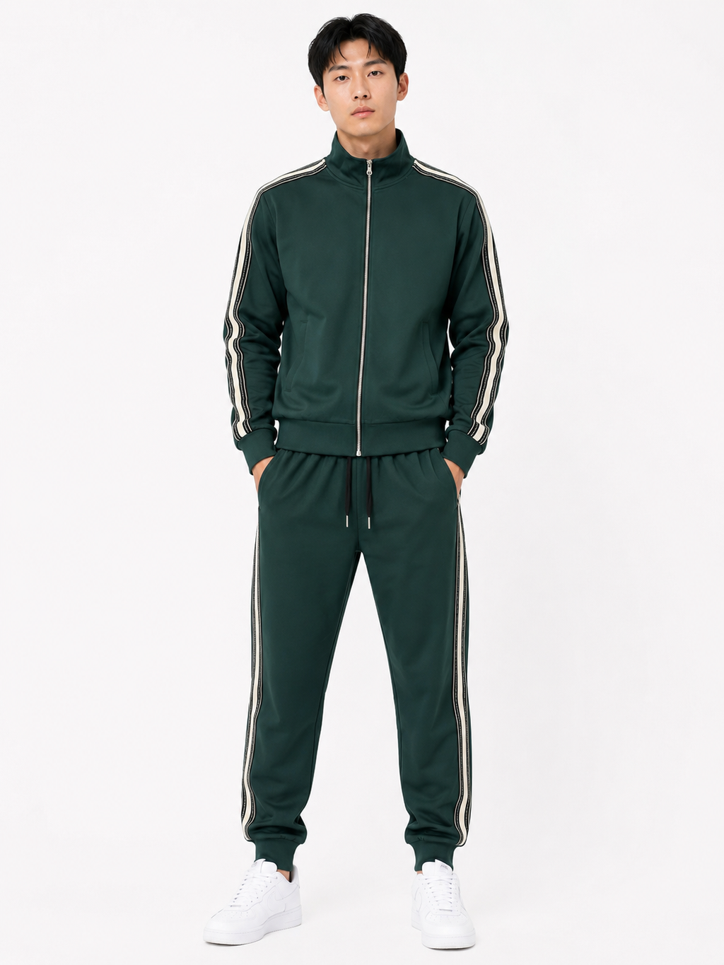 FW Tracksuit Set with Black and White Stripes - Dark Green