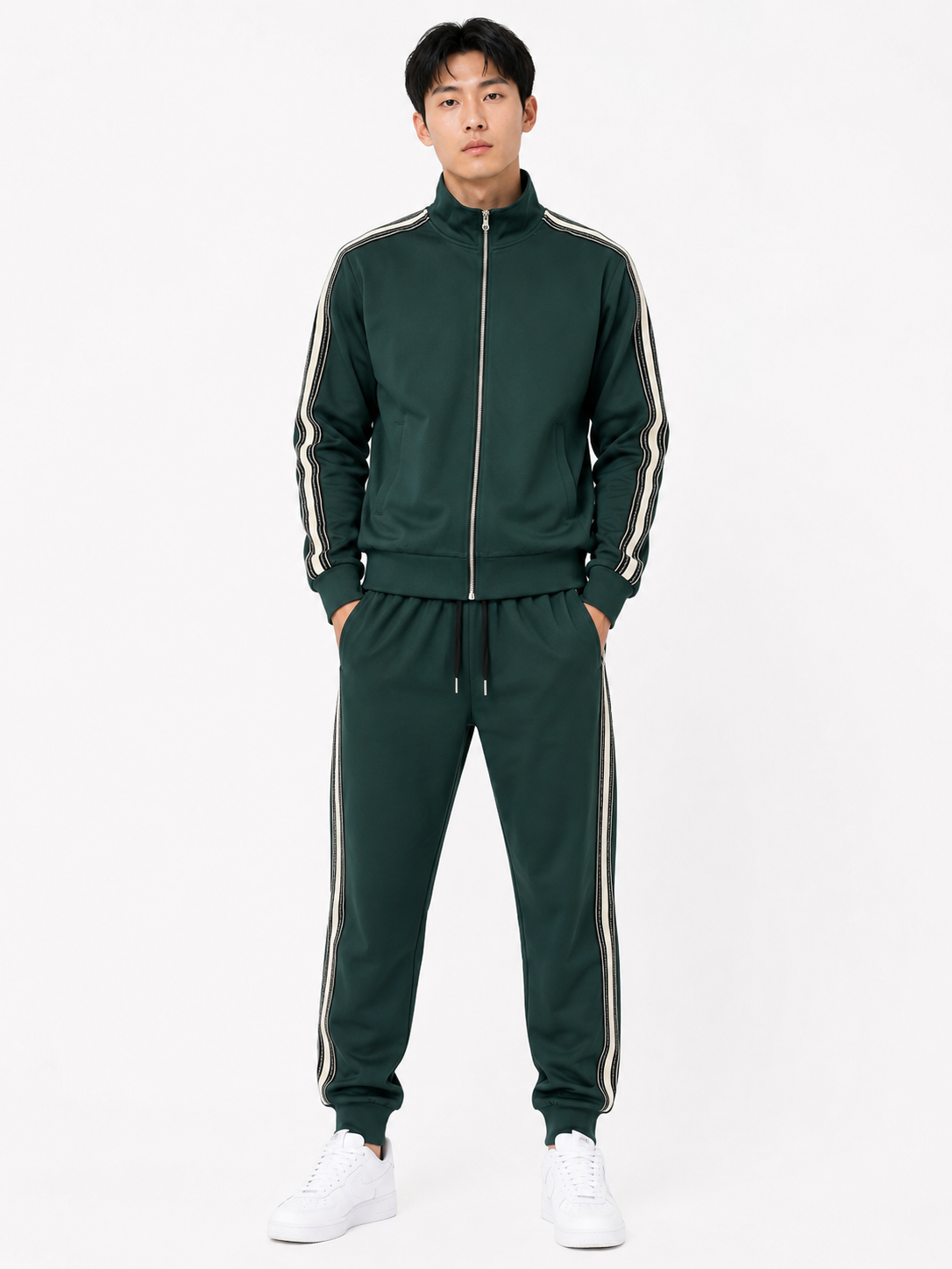 FW Tracksuit Set with Black and White Stripes - Dark Green