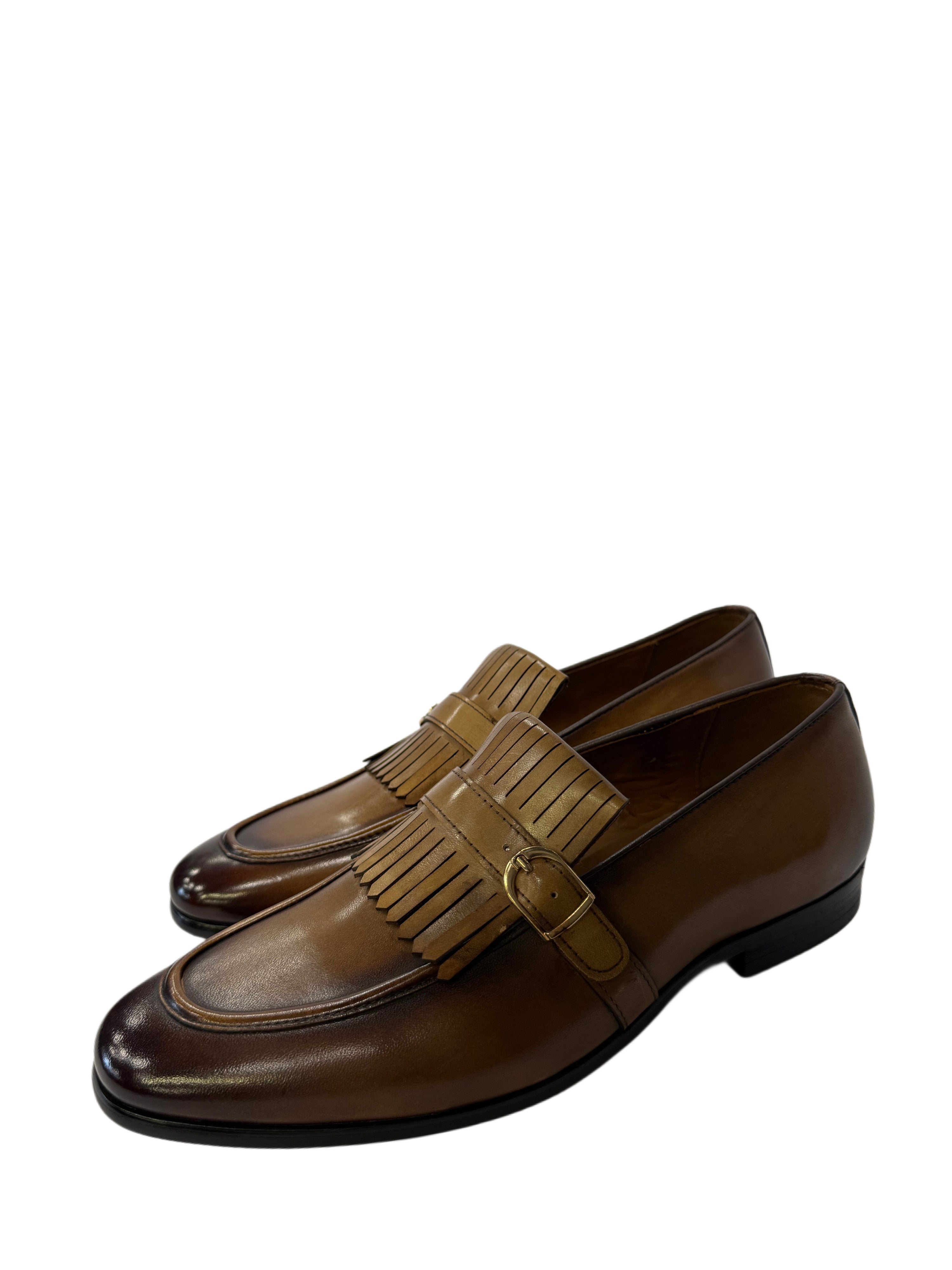 Genuine Leather Buckle Fringe Loafers - L.Brown