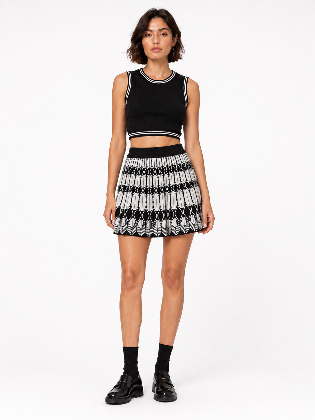 Knit Sleeveless Top & Pleated Skirt Set One Size Stretchable - Black