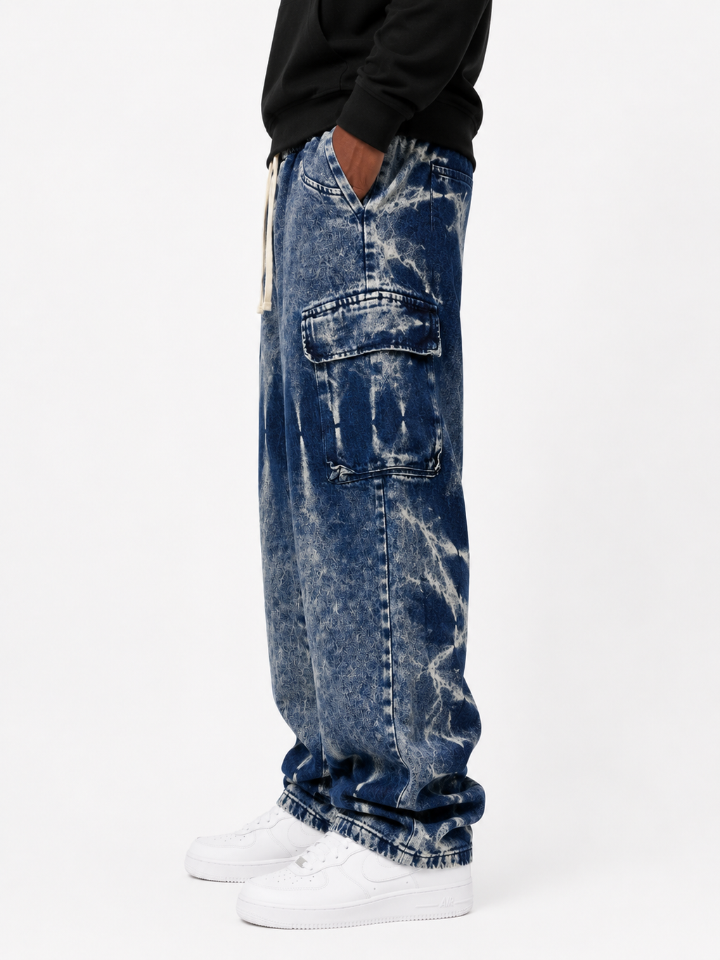 Faded Cargo Denim Jeans with Drawstring Waist - Blue