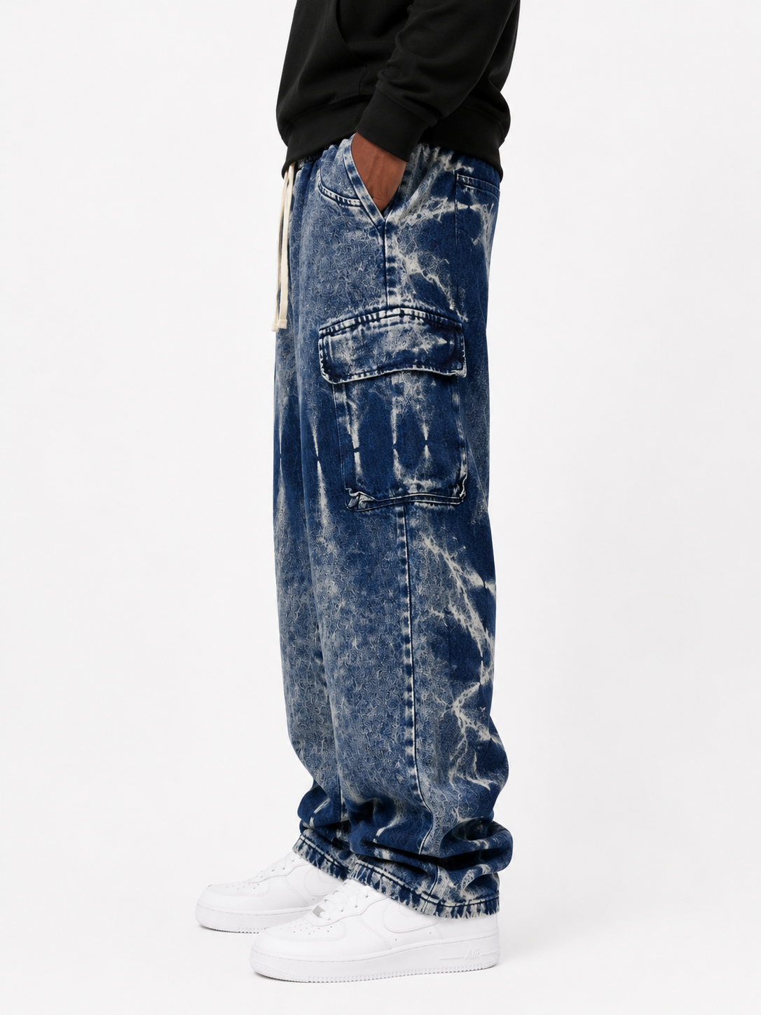 Faded Cargo Denim Jeans with Drawstring Waist - Blue