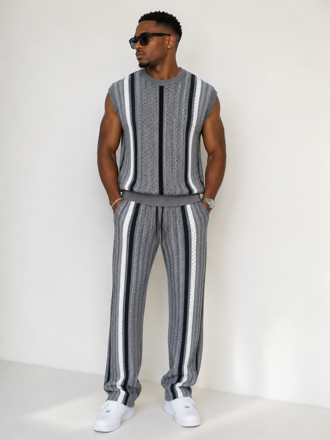 Men Open-Knit Stripe Co-Ord Set – Charcoal Grey