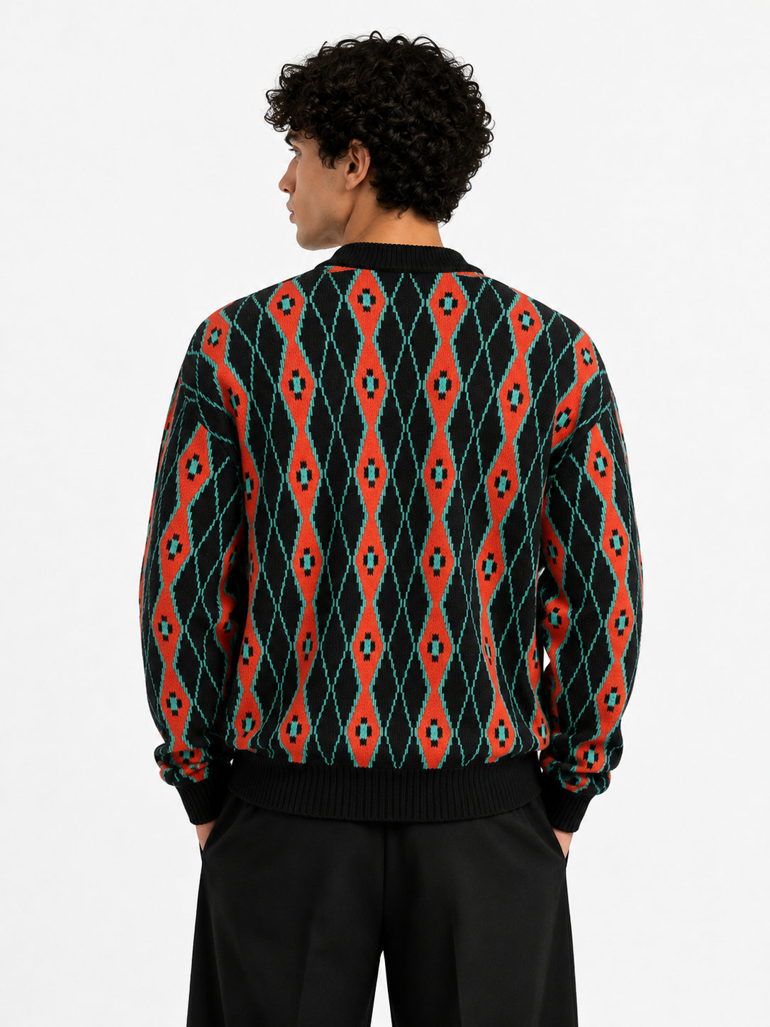 Oversized Argyle Knit Sweater in One Size Fits All - Black