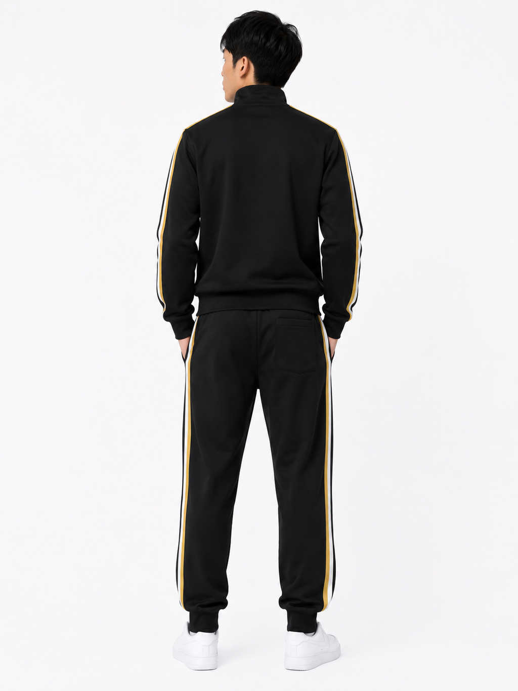 Tracksuit Set with Beige and White Side Stripes - Black