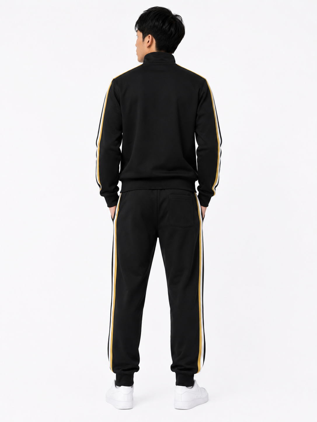 Tracksuit Set with Beige and White Side Stripes - Black