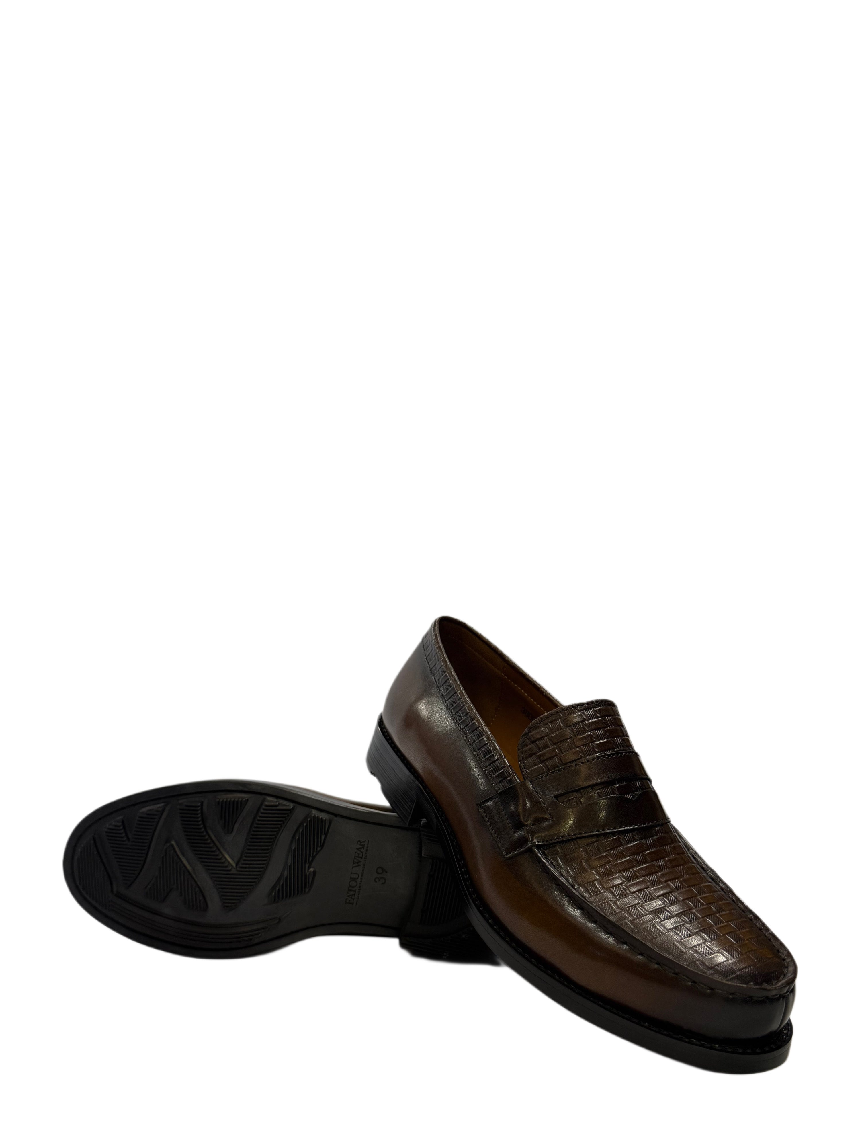 Woven Leather Penny Loafers - Khaki