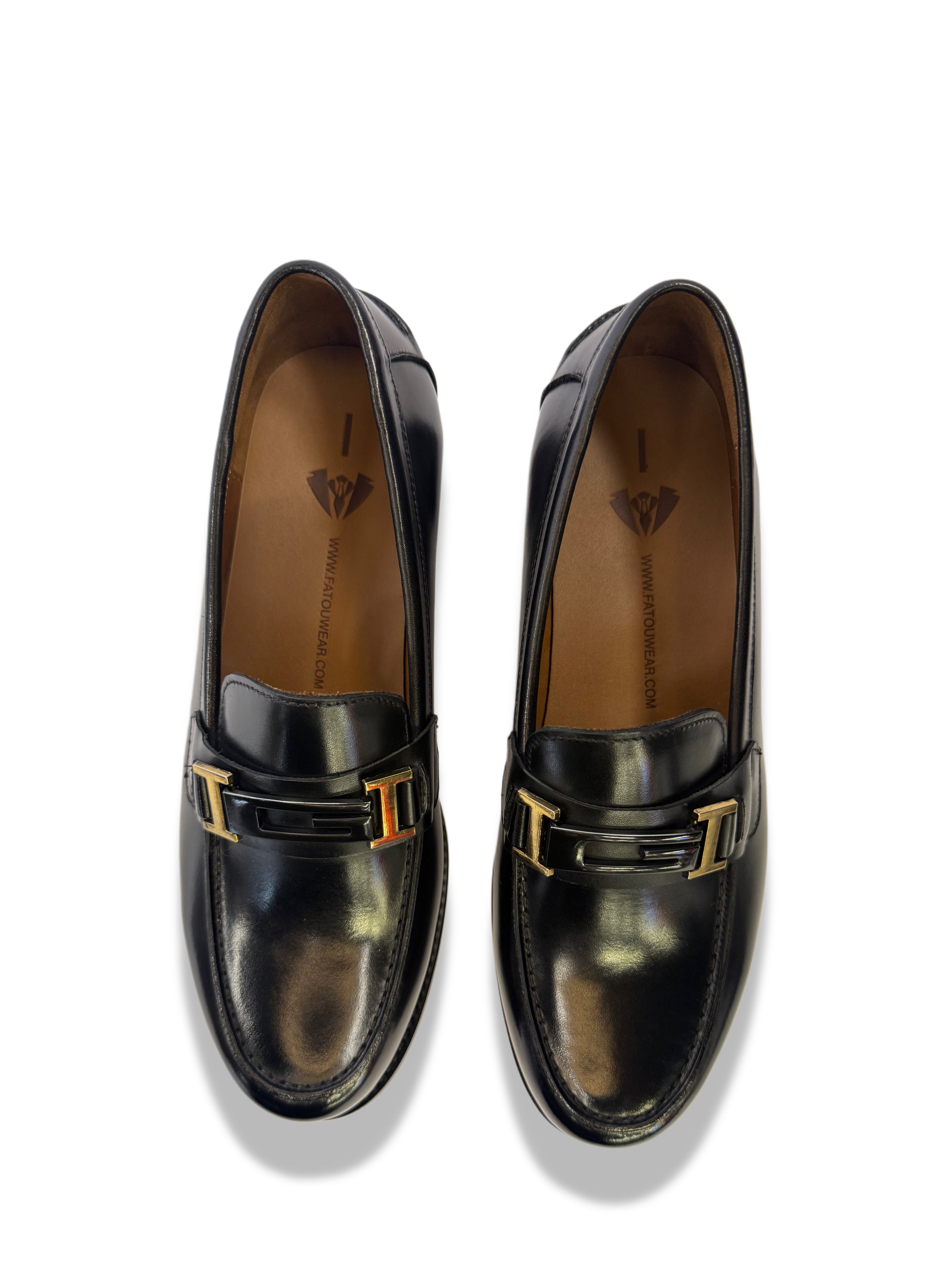 Leather Loafers with Gold Buckle - Black