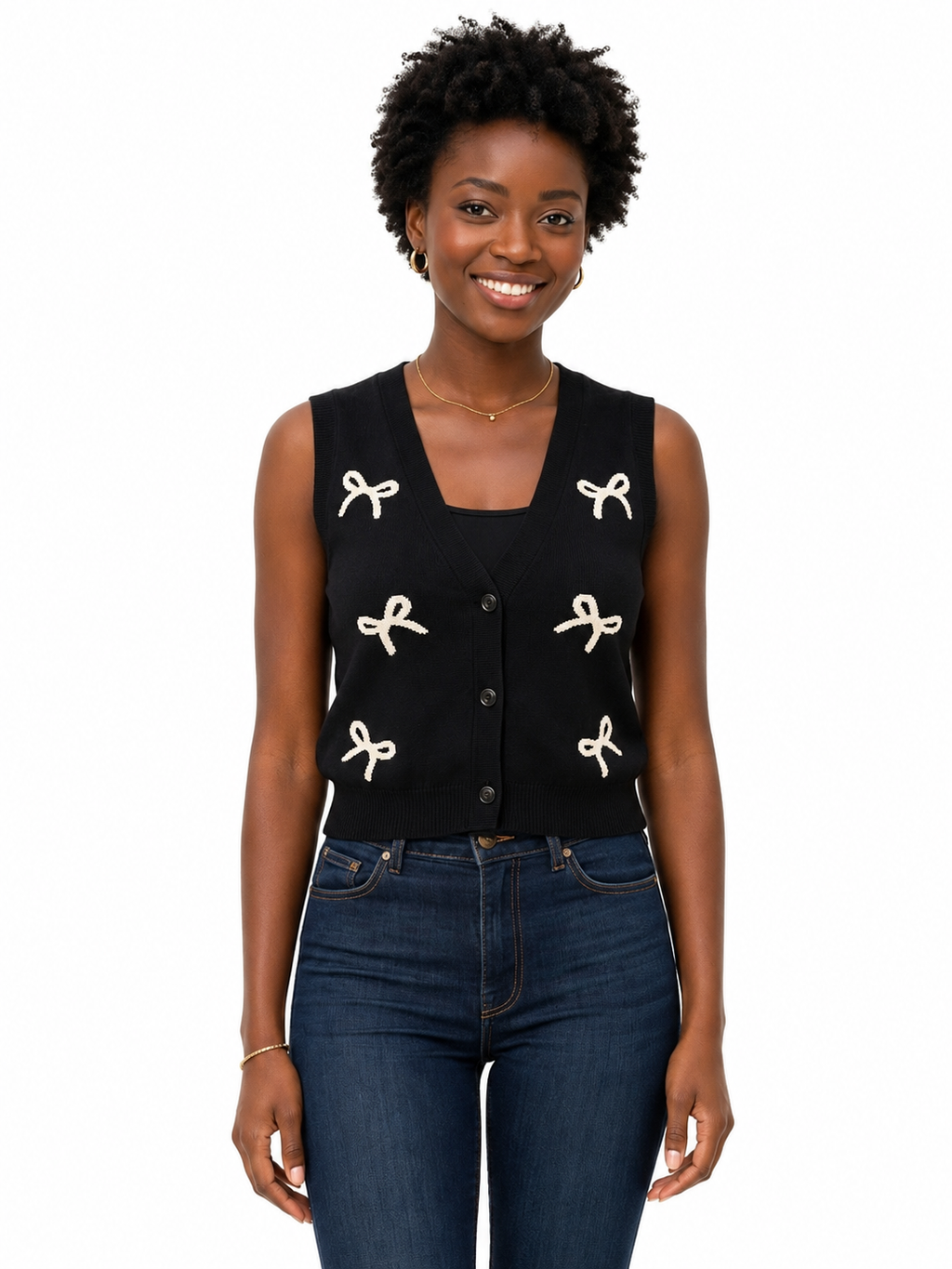 Women’s Sleeveless Vest Bow Detail and Button Front - Black