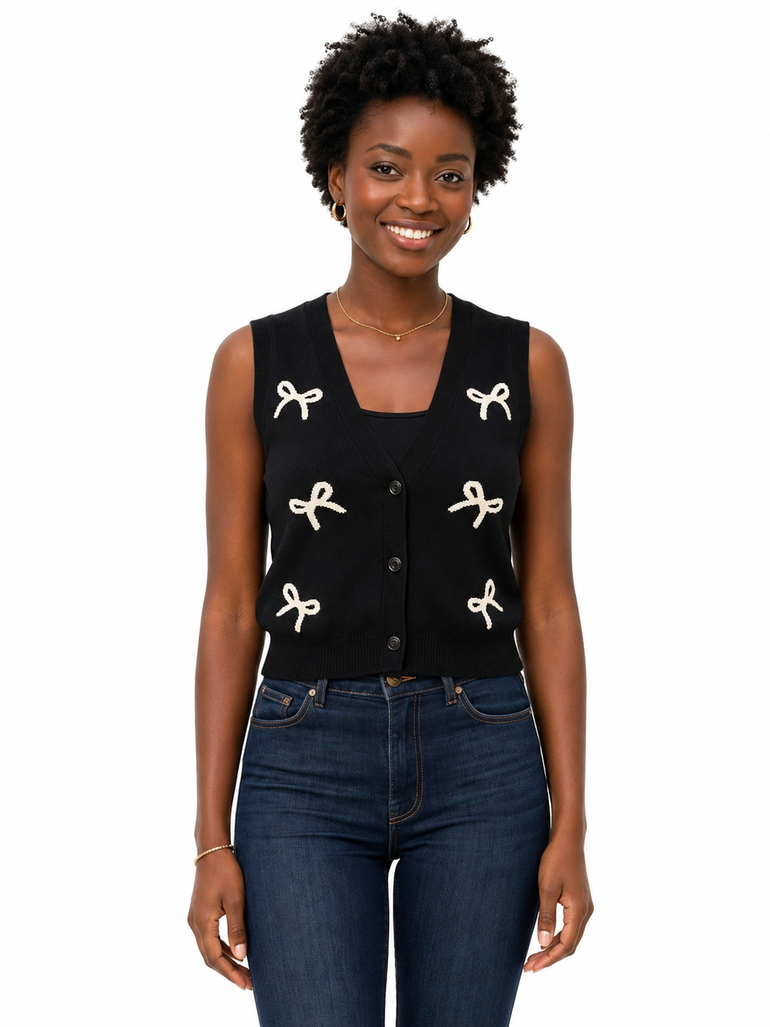 Women’s Sleeveless Vest Bow Detail and Button Front - Black