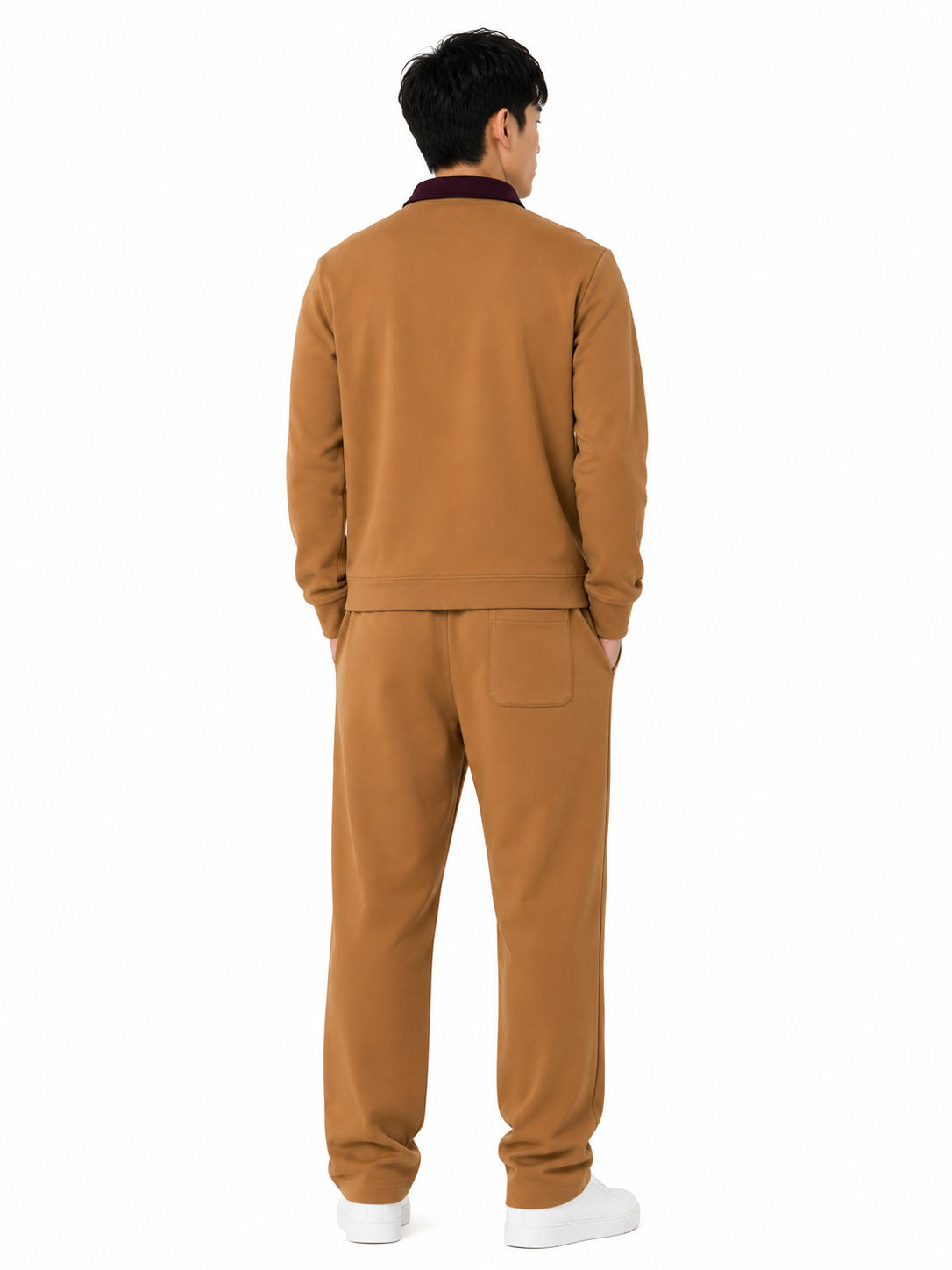 FW Cotton Tracksuit Set with Maroon Collar - L. Brown