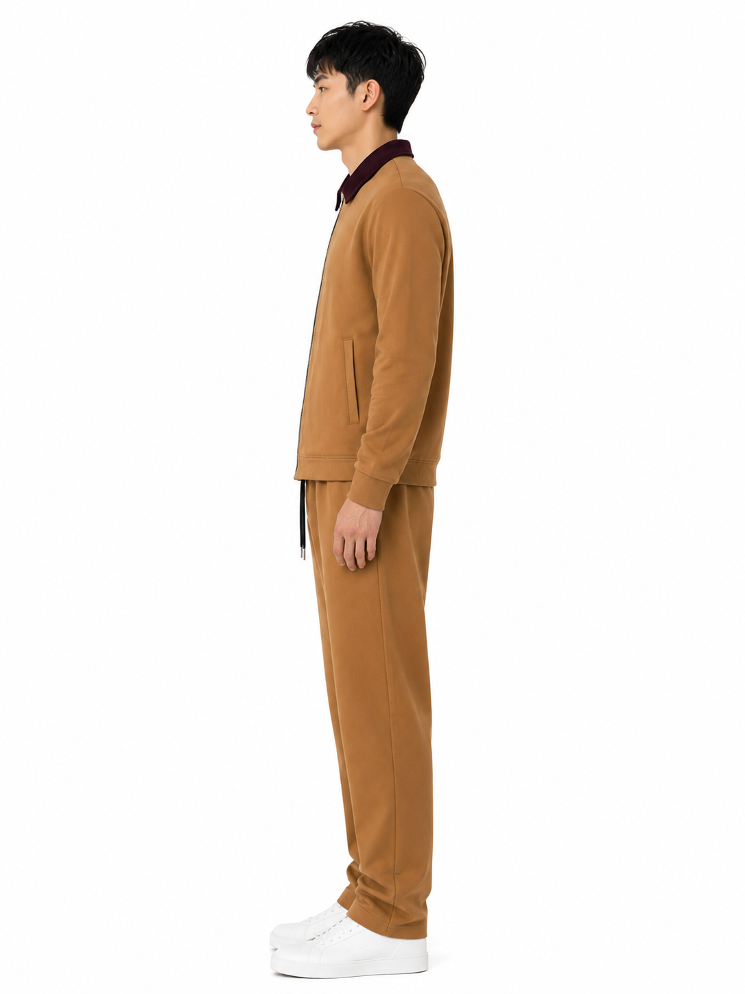 FW Cotton Tracksuit Set with Maroon Collar - L. Brown