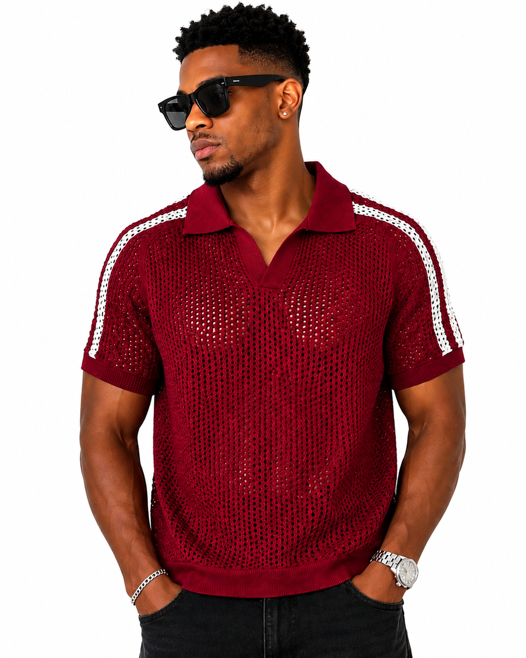 Men Open-Knit Stripe Polo Shirt – Burgundy
