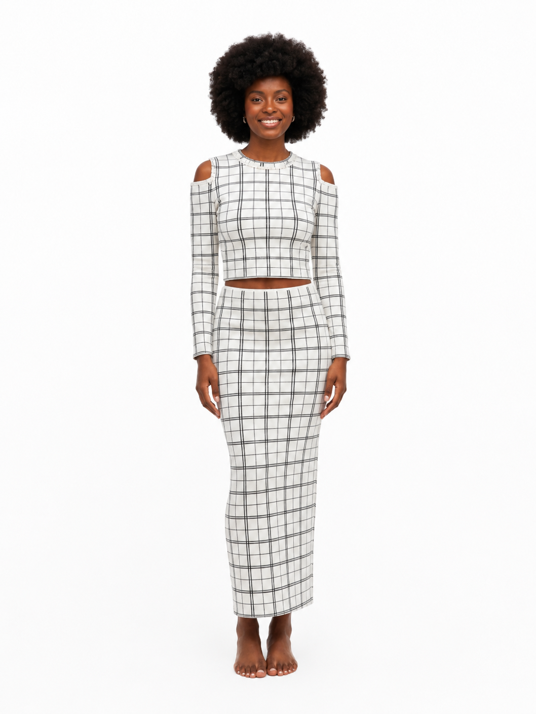 Grid Cut-Out Shoulder Co-Ord Set in One Size-White