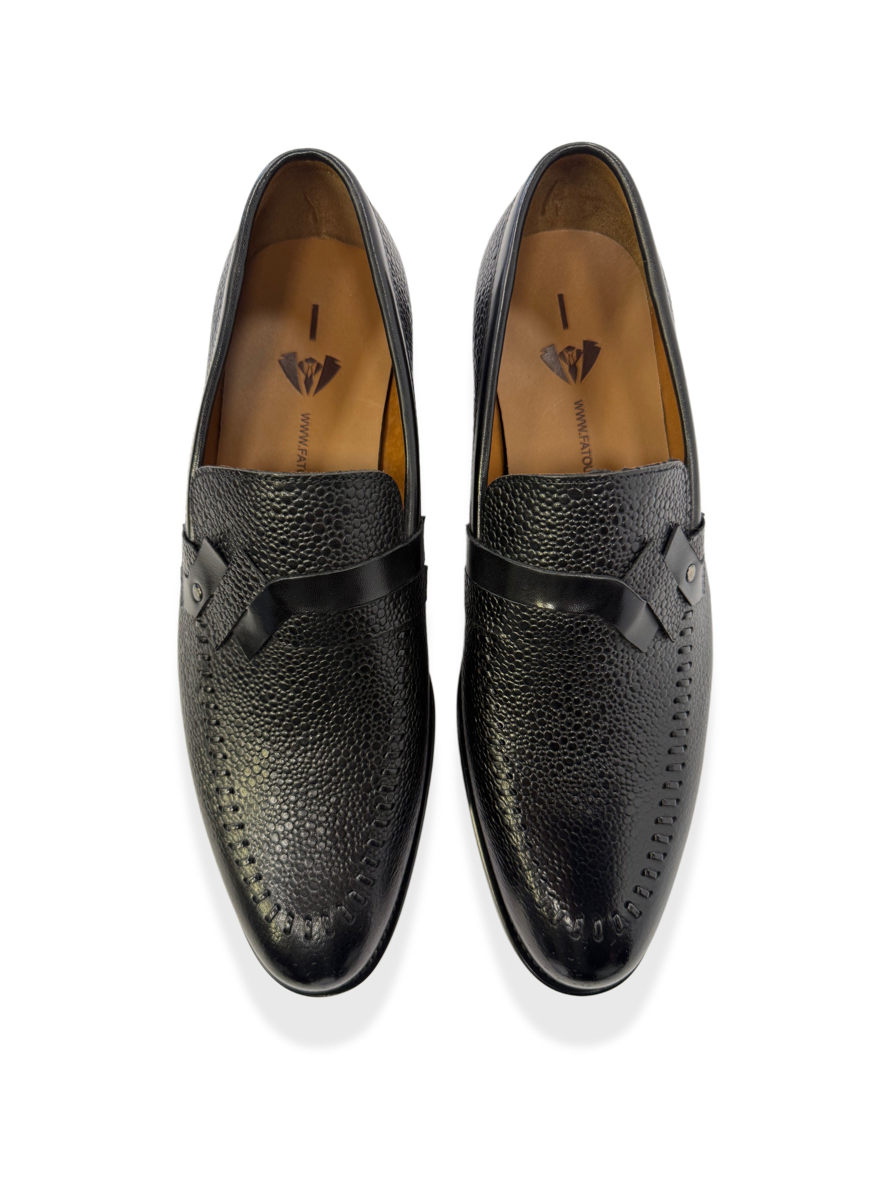 Genuine Leather Pebbled Strap Loafers - Black