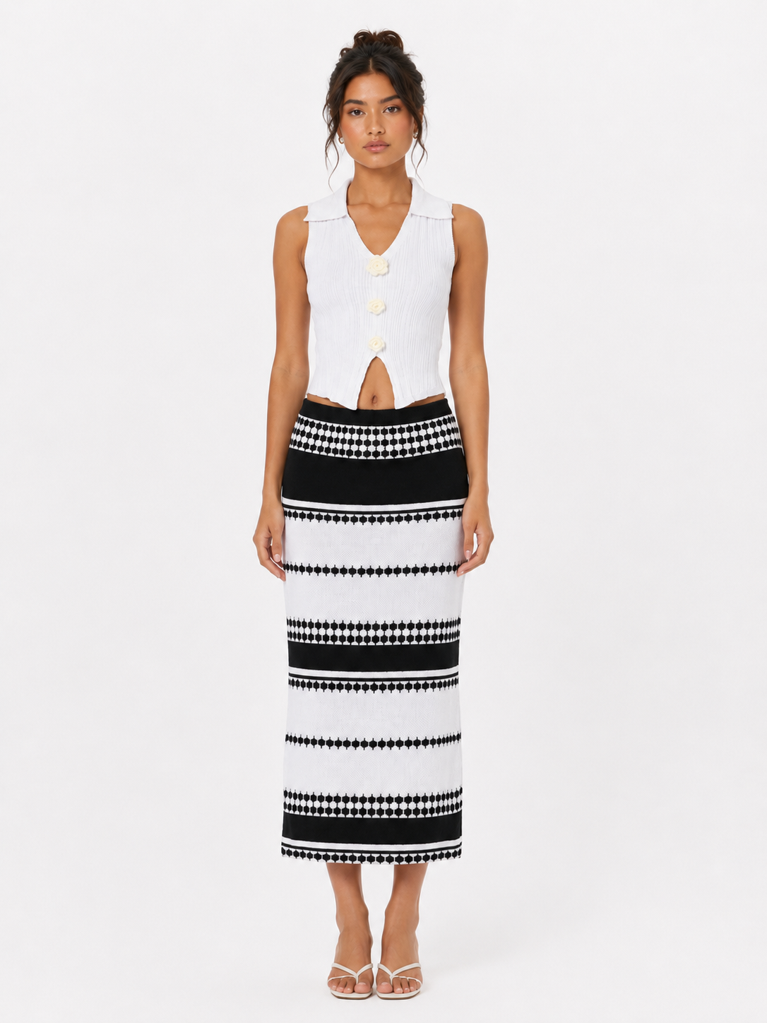 Two-Piece Set Sleeveless Top & Striped Skirt One Size - Black and White