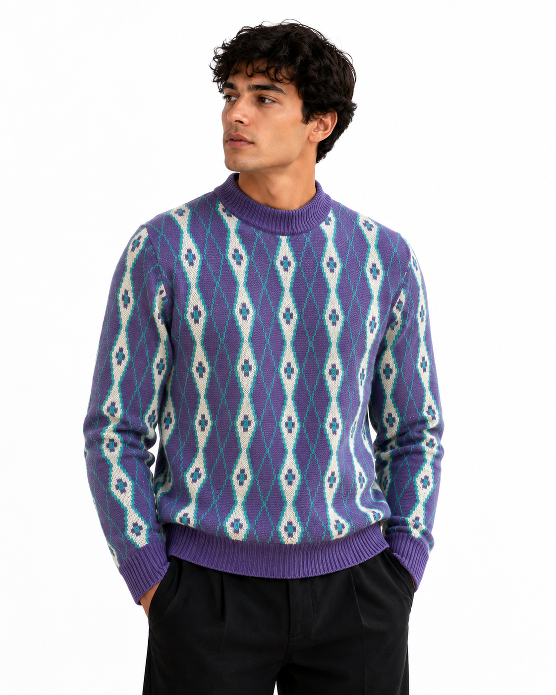 Oversized Argyle Knit Sweater in One Size Fits All -Purple