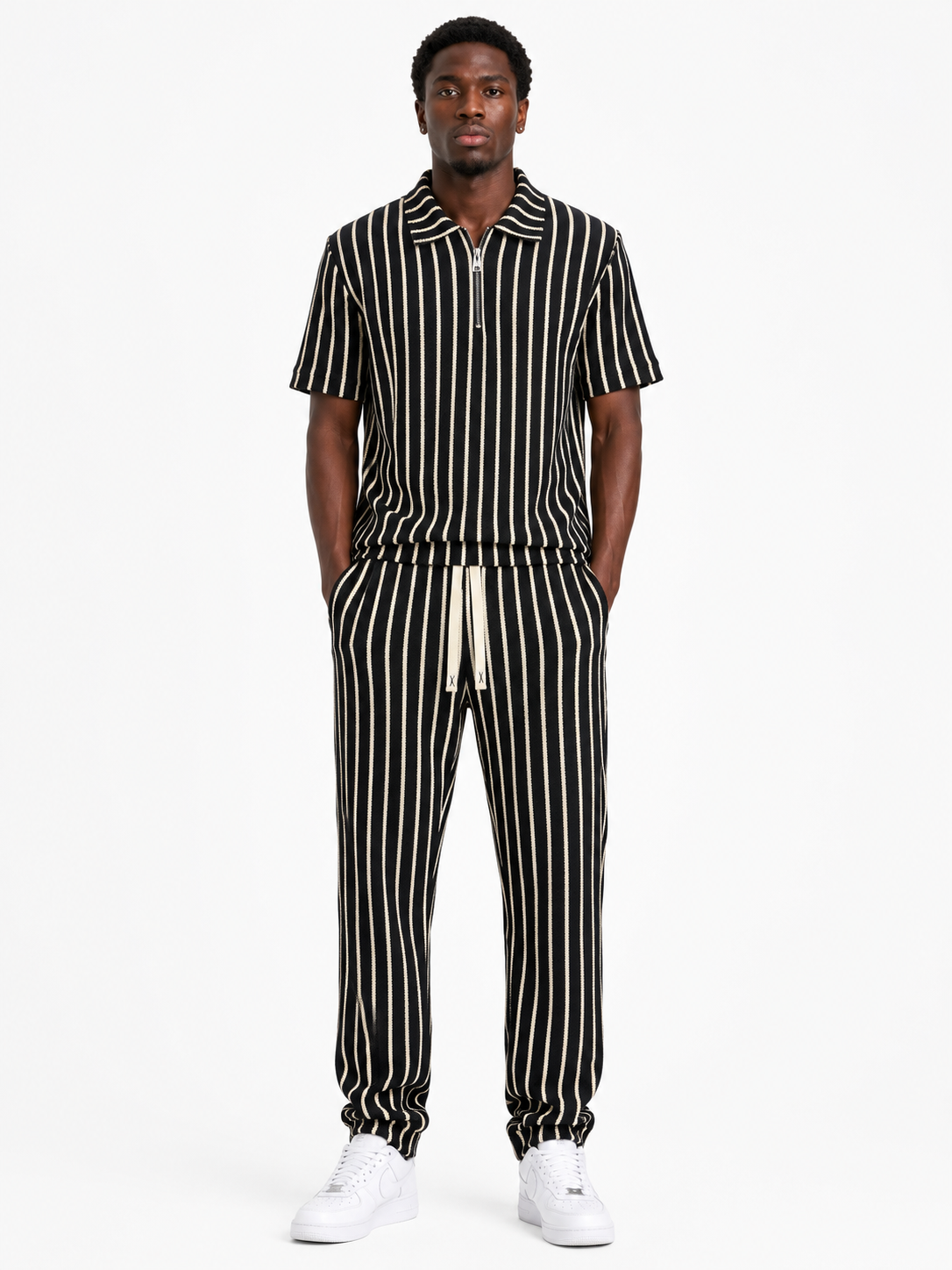 Unisex Bold Stripe Knit Co-Ord Set – Black