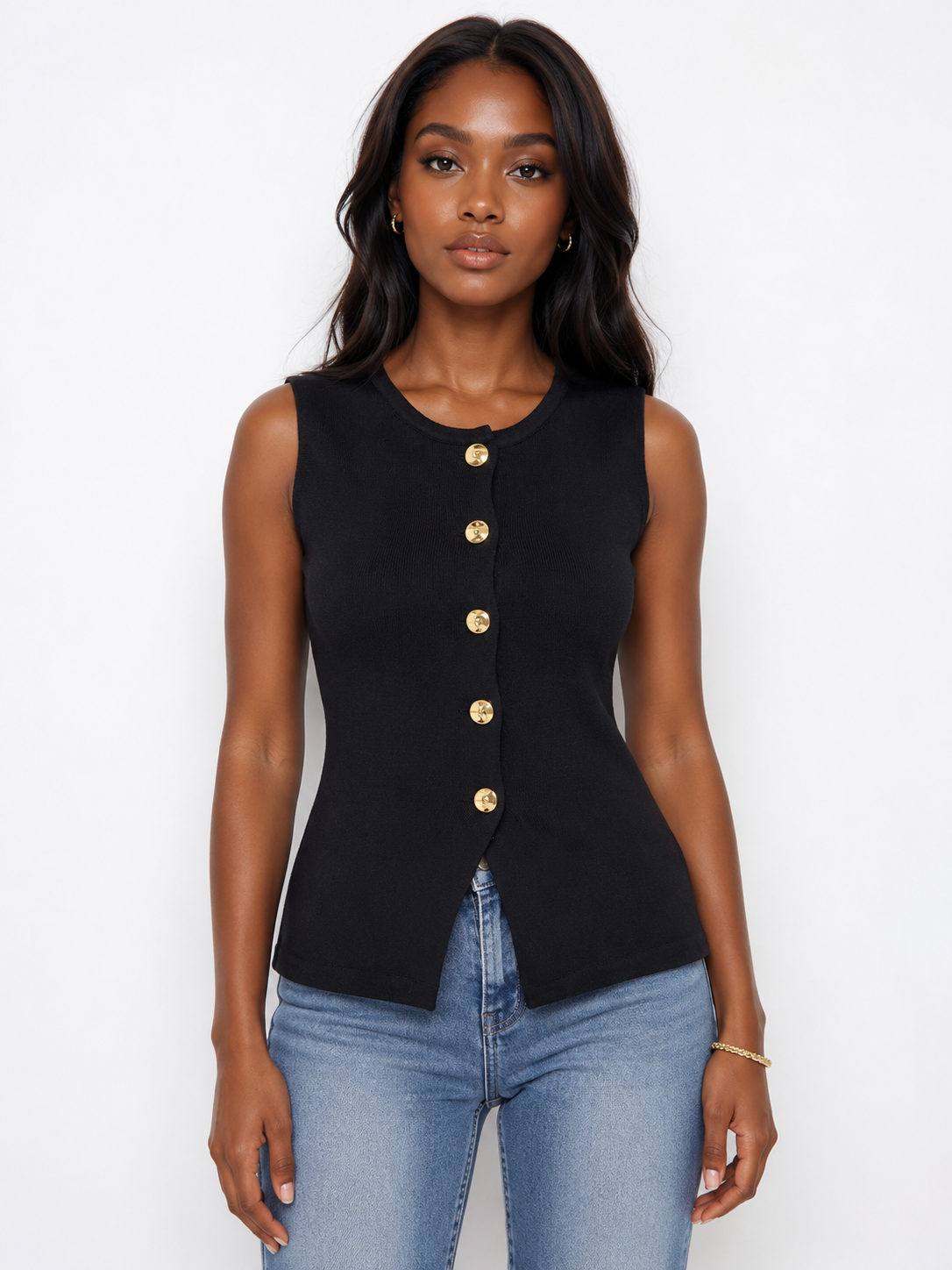 Plain Button Knit Top One Size Stretchable - Black