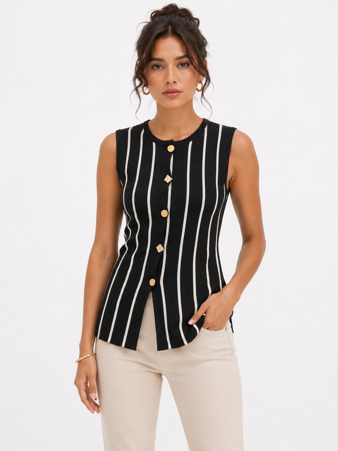 Striped Button Knit Top One Size Stretchable - Black and White