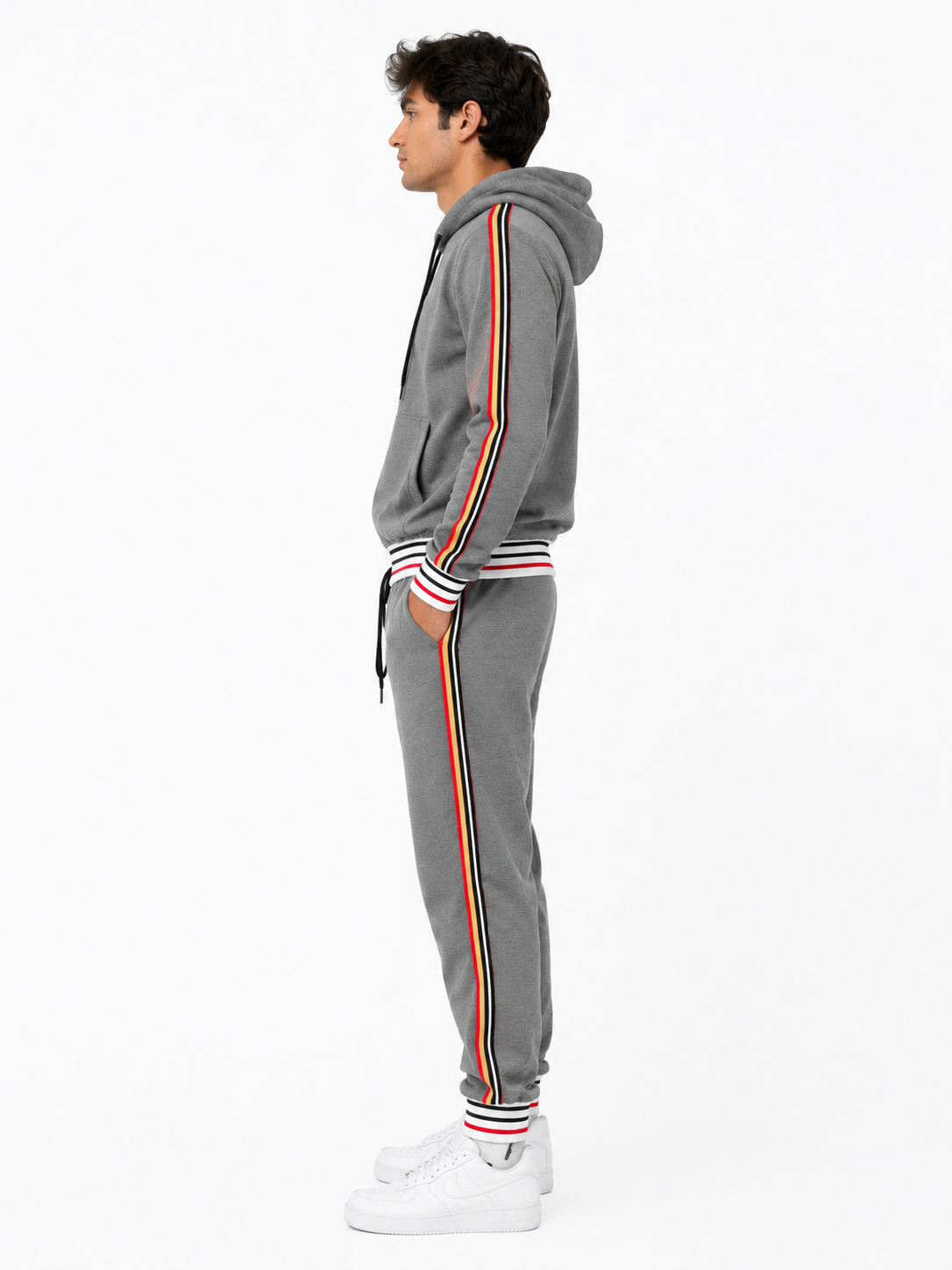 Hoodie Tracksuit Set with Tricolor Stripes - Grey