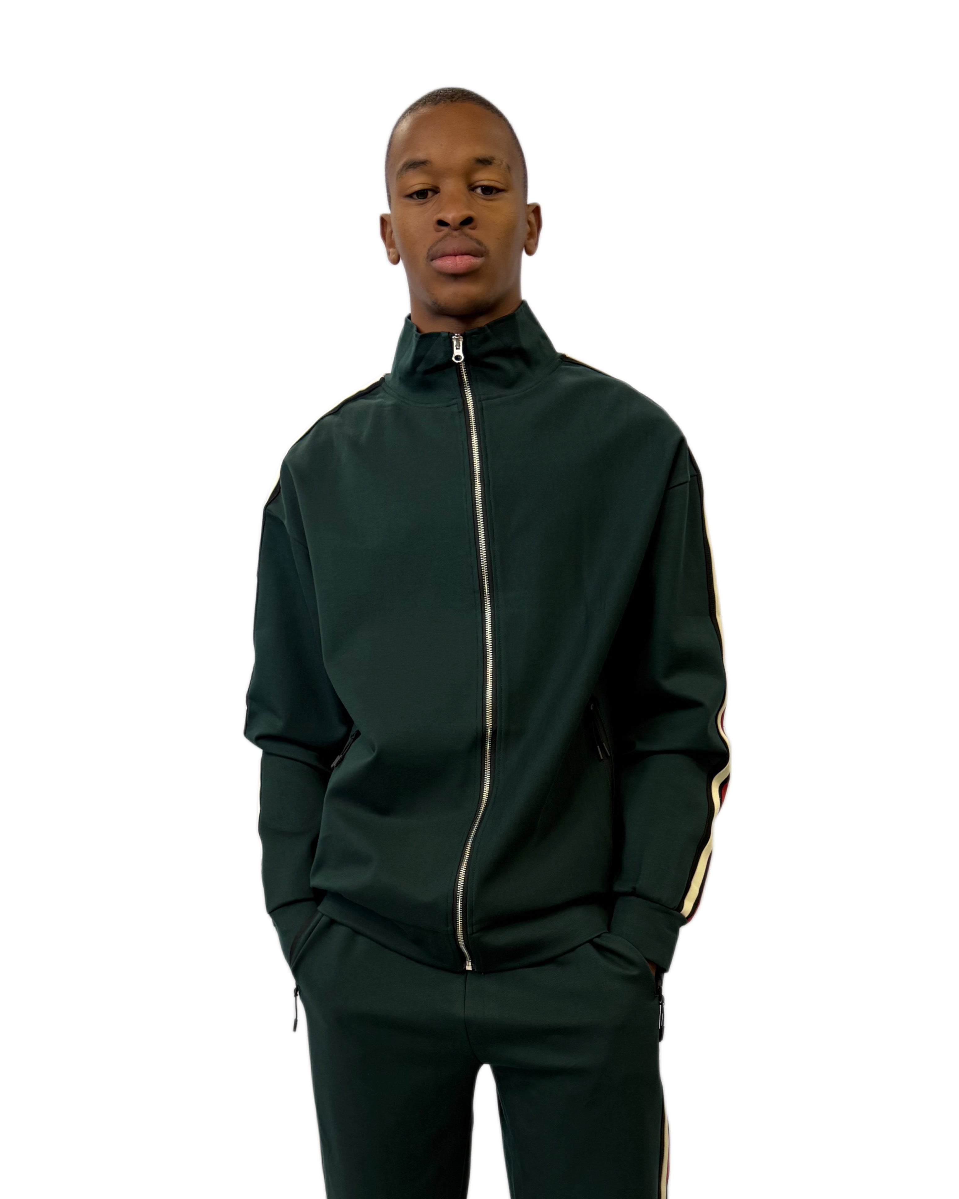 FW Tracksuit Two Piece with Red & White Stripes- Dark Green